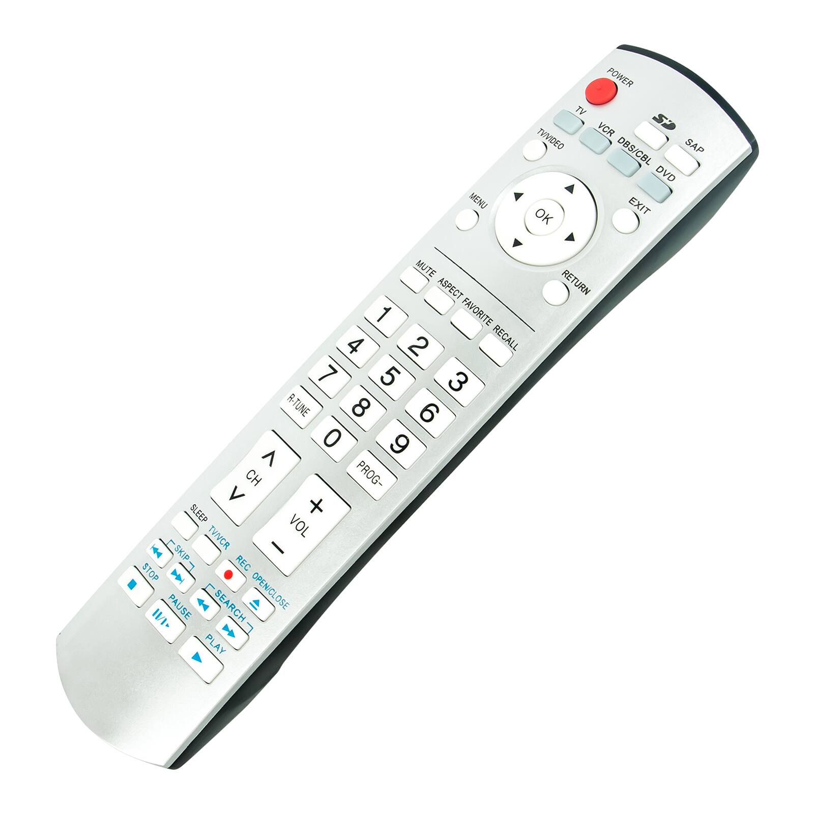 Sure, here is the corrected and grouped text from the image:

- **Top Row:**
  - POWER
  - TV
  - VCR
  - DBS/CBL
  - SAP
  - DVD

- **Middle Row:**
  - MENU
  - OK
  - EXIT
  - MUTE
  - ASPECT
  - FAVORITE
  - RECALL

- **Number Pad:**
  - 1
  - 2
  - 3
  - 4
  - 5
  - 6
  - 7
  - 8
  - 9
  - 0
  - PROG-

- **Bottom Row:**
  - V CH
  - VOL -
  - VOL +
  - SLEEP
  - REC
  - PAUSE
  - STOP
  - SKIP
  - SEARCH
  - OPEN/CLOSE
  - PLAY
  - RETURN

- **Additional Buttons:**
  - R-TUNE
  - TV/VIDEO
  - RETURN