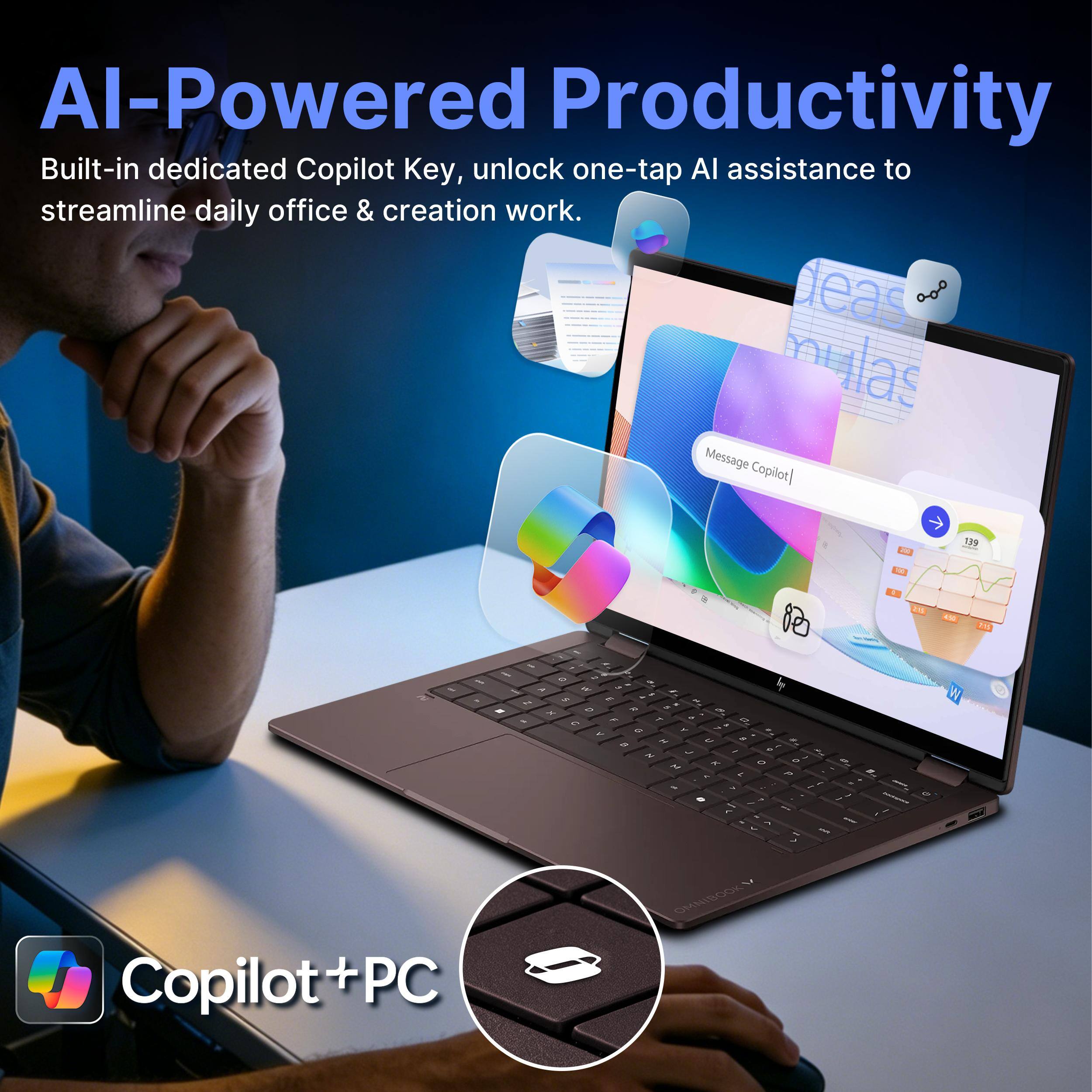 AI-Powered Productivity  
Built-in dedicated Copilot Key, unlock one-tap AI assistance to streamline daily office & creation work.  

Message Copilot | - 139 A - - - a 8 s % S - - - & - - - t - - . 2 . Z T - - - - - 5 - - - 2 - , - e - . - - - - e e - A 7 a 2 2 - - - - - - 1 e - - - - - - 2 21E e - W PE  

Copilot + PC OMNIBOOK