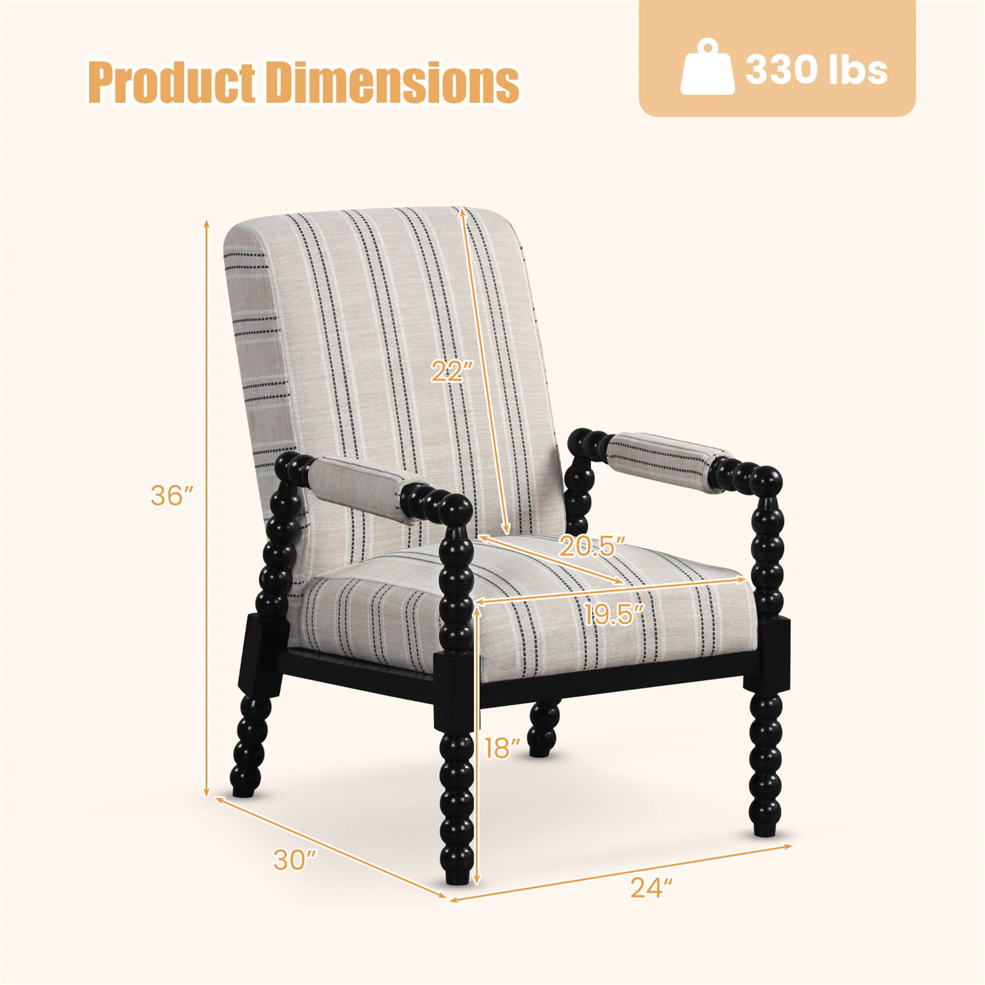 Product Dimensions:  
330 lbs  
36" (width) x 22" (height) x 24" (depth)  
Seat: 20.5" (width) x 19.5" (depth)  
Armrest: 30" (width)