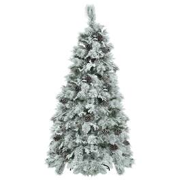 BreeBe - 6FT Pre-Lit Spruce Snow Flocked Christmas Tree with Pine Cones - White, Green