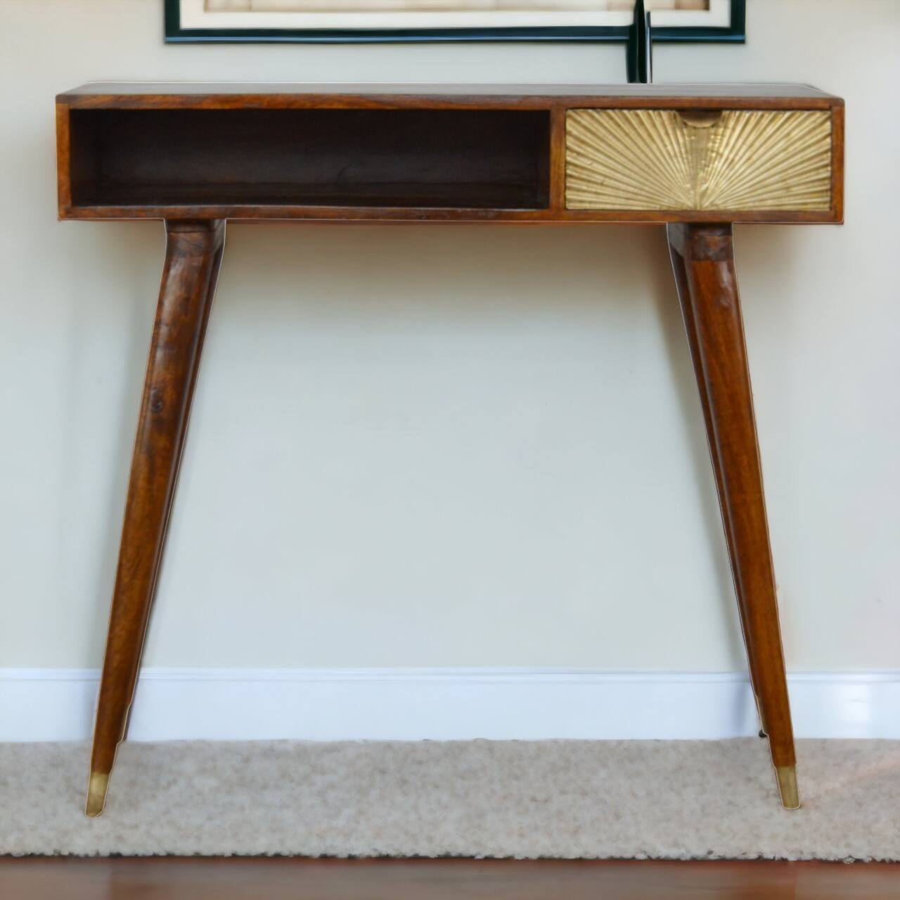 Angle. Artisan Furniture - Artisan Furniture, Sunrise Gold Carved Writing Deskopen slot for extra storage along with Nordic style legs - Brown.