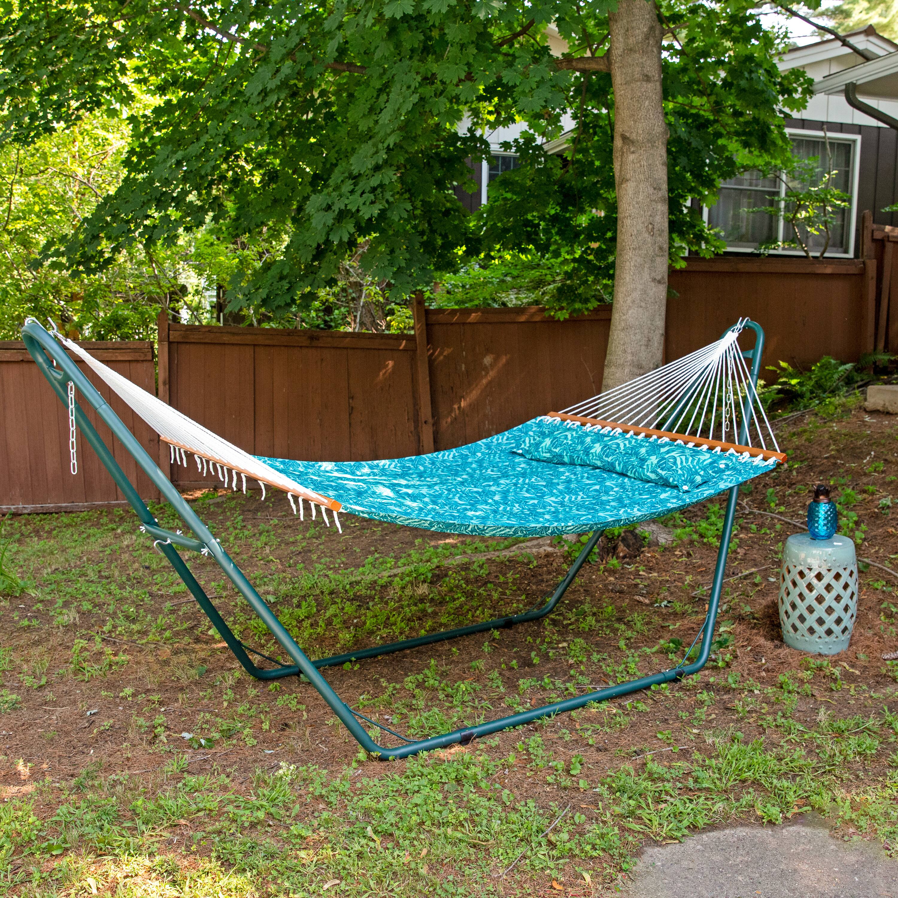 Alt View 7. Sunnydaze - Large Quilted Hammock with Spreader Bar and Pillow - Cool Blue Tropics.