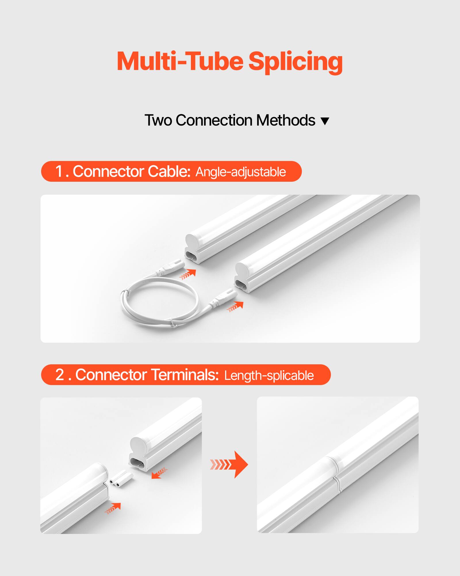 Multi-Tube Splicing

Two Connection Methods

1. Connector Cable: Angle-adjustable

2. Connector Terminals: Length-splicable