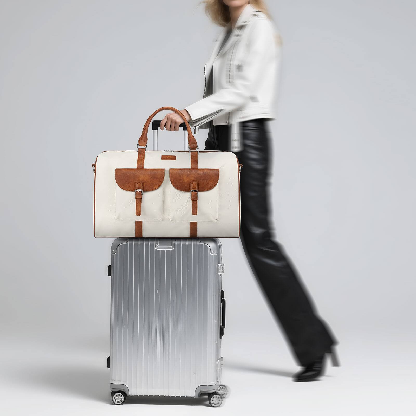 Alt View 7. Unique Bargains - 3pcs Lay-Flat Duffel Bag Set Stylish Weekend Travel Set with Laptop Sleeve & Wet/Dry Storage Carry-On & Short Getaways - White.