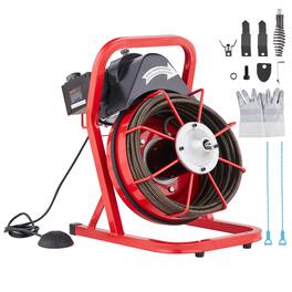 VEVOR - Drain Cleaner Machine 50FTx1/2Inch,Sewer Snake Auger Manual Feed, 250W,with Air-activated Foot Switch for 2" to 4" Pipes - Red