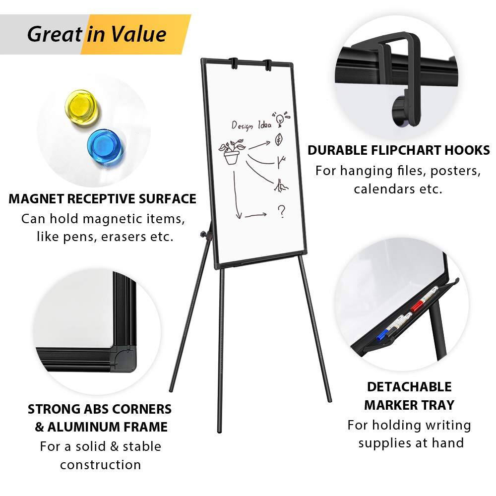 Great in Value

MAGNET RECEPTIVE SURFACE  
Can hold magnetic items, like pens, erasers etc.

DURABLE FLIPCHART HOOKS  
For hanging files, posters, calendars etc.

STRONG ABS CORNERS & ALUMINUM FRAME  
For a solid & stable construction

DETACHABLE MARKER TRAY  
For holding writing supplies at hand
