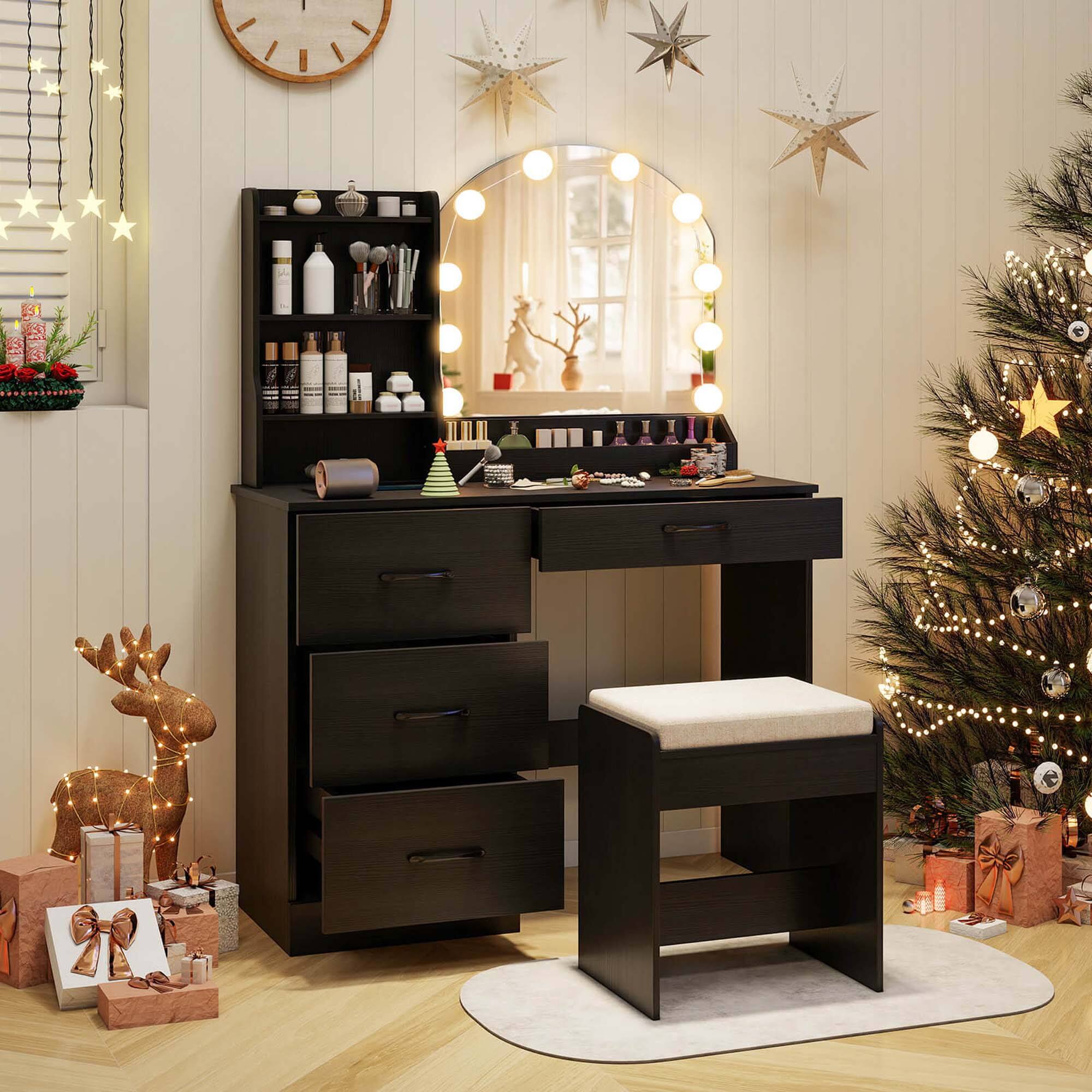 Alt View 4. Costway - Costway Vanity Set with Mirror and Lights Dressing Table and Chair 4 Drawers 3 Open Shelves Black - Black.