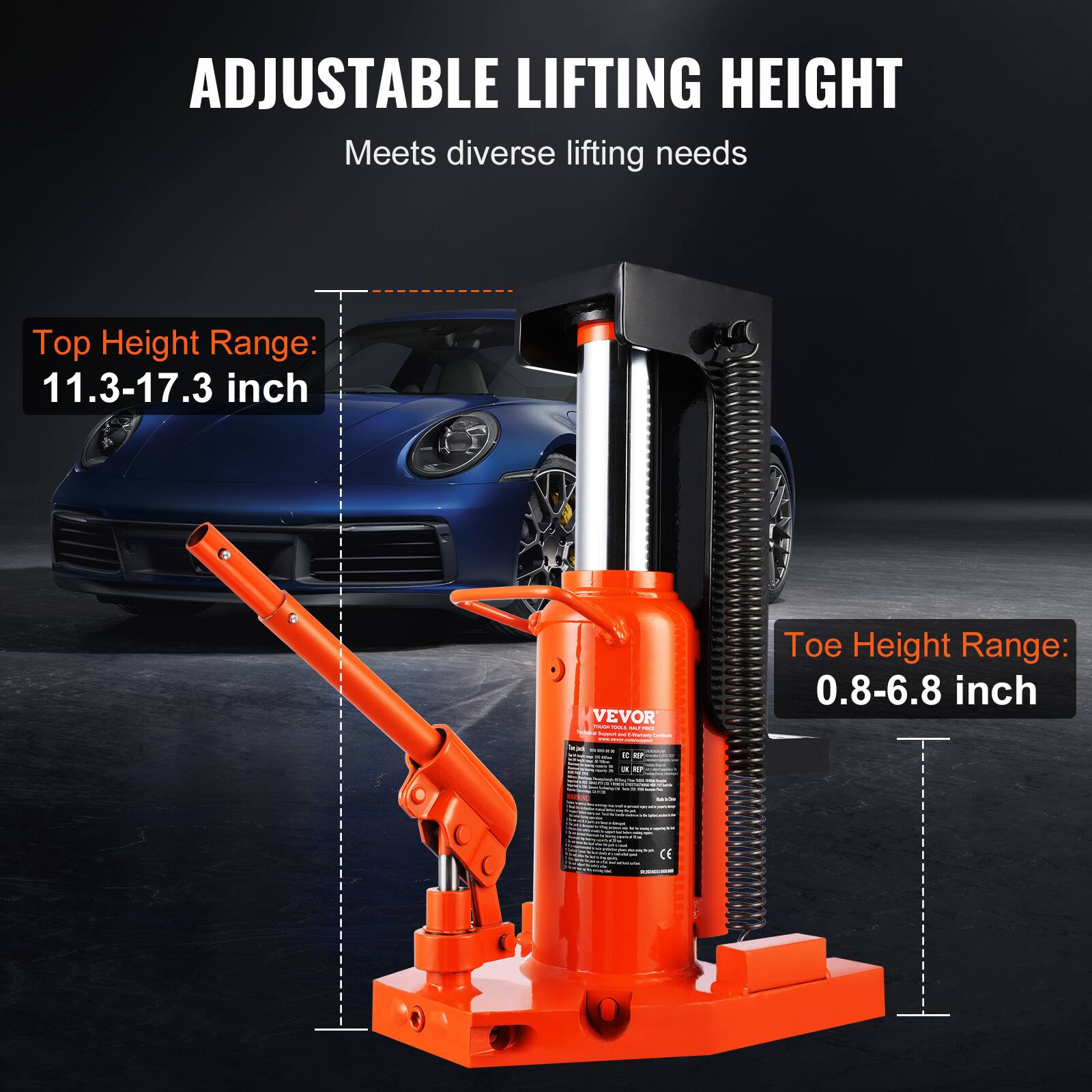 ADJUSTABLE LIFTING HEIGHT  
Meets diverse lifting needs  

Top Height Range: 11.3-17.3 inch  

Toe Height Range: 0.8-6.8 inch