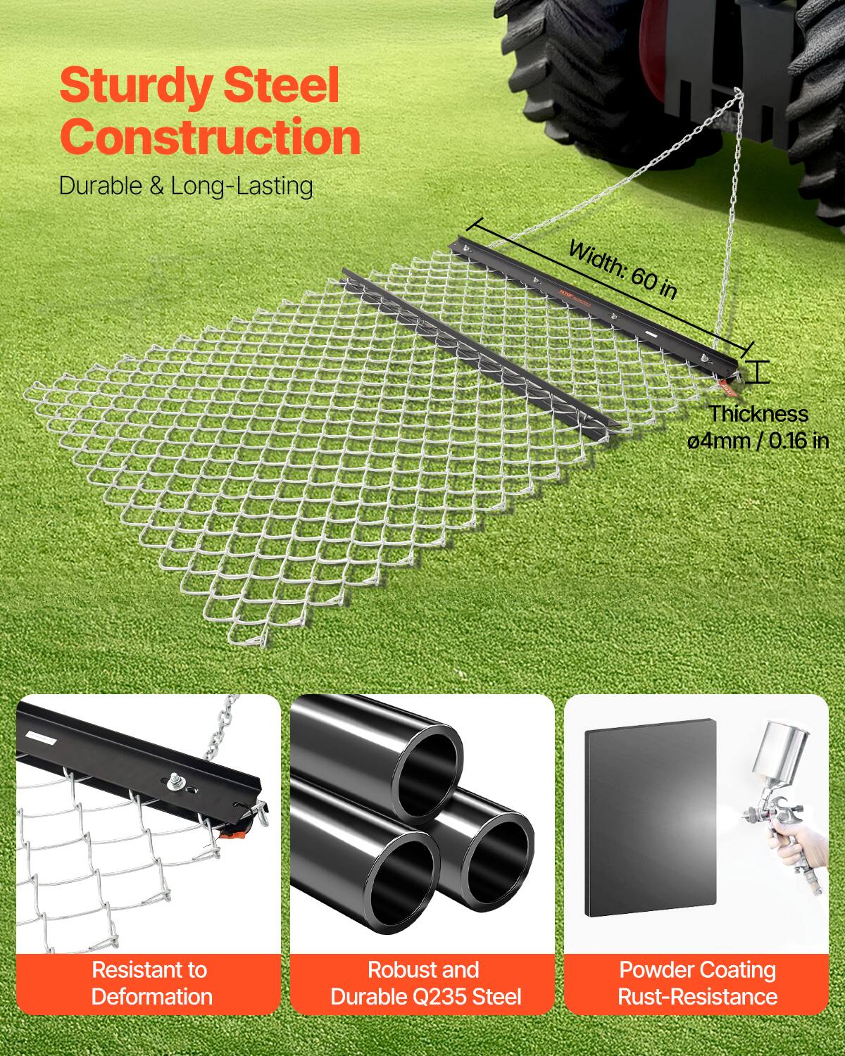 Sturdy Steel Construction, Durable & Long-Lasting, Width: 60 in, Thickness 4mm/0.16 in, Resistant to Deformation, Robust and Durable Q235 Steel, Powder Coating, Rust-Resistance