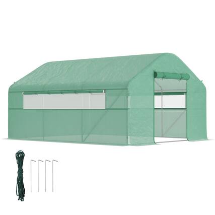 Front. Outsunny - 13' x 10' x 6.5' Hoop House Greenhouse with Large Windows and Zippered Door, Large Walk-In Tunnel Green House - Green.