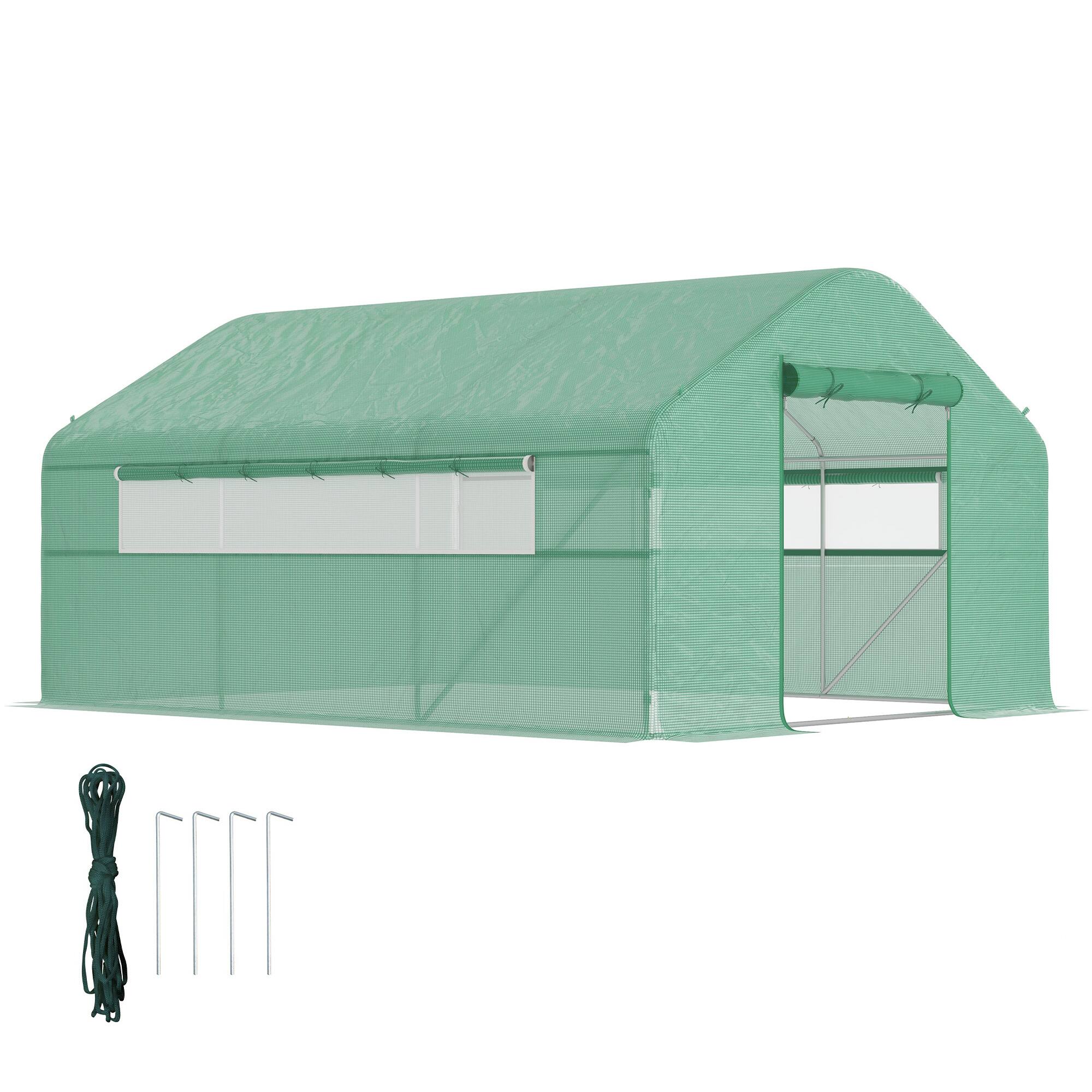 Front. Outsunny - 13' x 10' x 6.5' Hoop House Greenhouse with Large Windows and Zippered Door, Large Walk-In Tunnel Green House - Green.