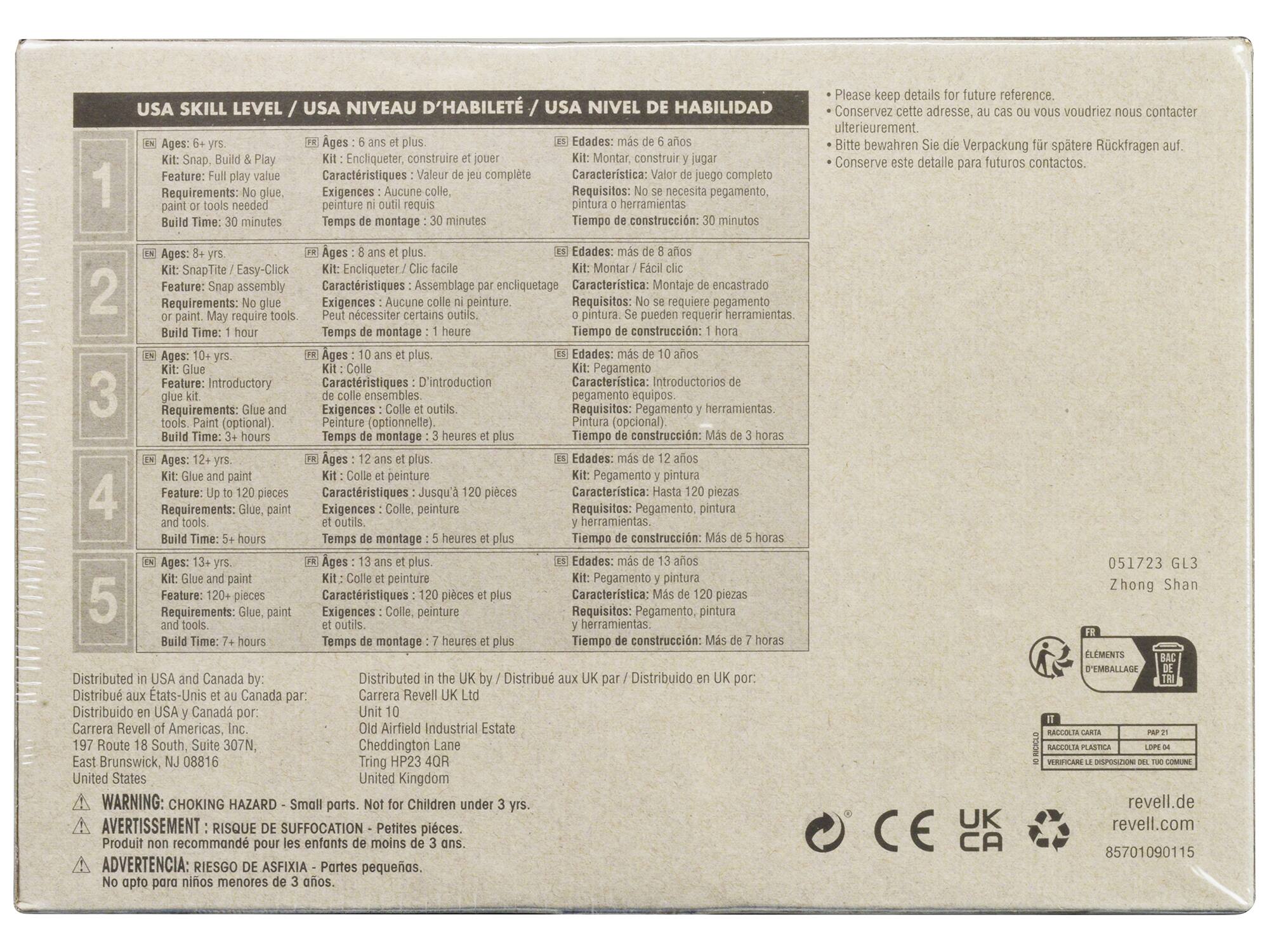 **USA SKILL LEVEL / USA NIVEAU D'HABILITÉ / USA NIVEL DE HABILIDAD**

1. **Ages: 6+ yrs.**  
   - Kit: Snap, Build & Play  
   - Feature: Full play value  
   - Requirements: No glue, paint or tools needed  
   - Build Time: 30 minutes  
   - Edades: más de 6 años  
   - Kit: Montar, construir y jugar  
   - Características: Juego completo  
   - Requisitos: No se necesita pegamento, pintura ni herramientas  
   - Tiempo de construcción: 30 minutos  
   - Edades: 6 ans et plus  
   - Kit: Encliqueter, construire  
   - Caractéristiques: Facile à jouer  
   - Exigences: Aucune colle ni peinture.  
   - Temps de montage: 30 minutes  

2. **Ages: 8+ yrs.**  
   - Kit: Snap Tile / Easy-Click  
   - Feature: Snap assembly  
   - Requirements: No glue or paint. May require tools  
   - Build Time: