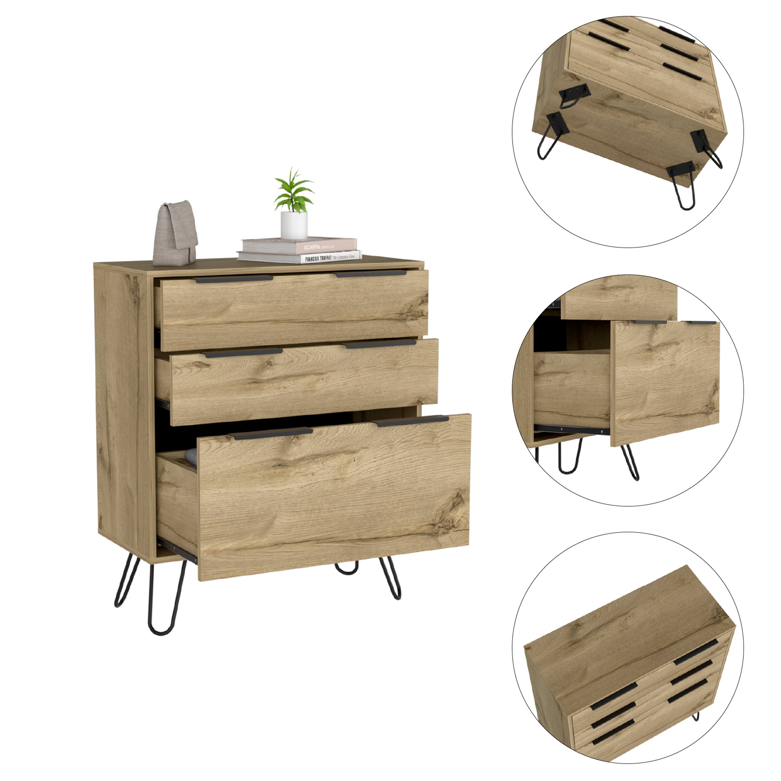 Alt View 4. TuHome - Augusta Dresser, Hairpin Legs, Three Drawers, Superior Top - Light Oak.