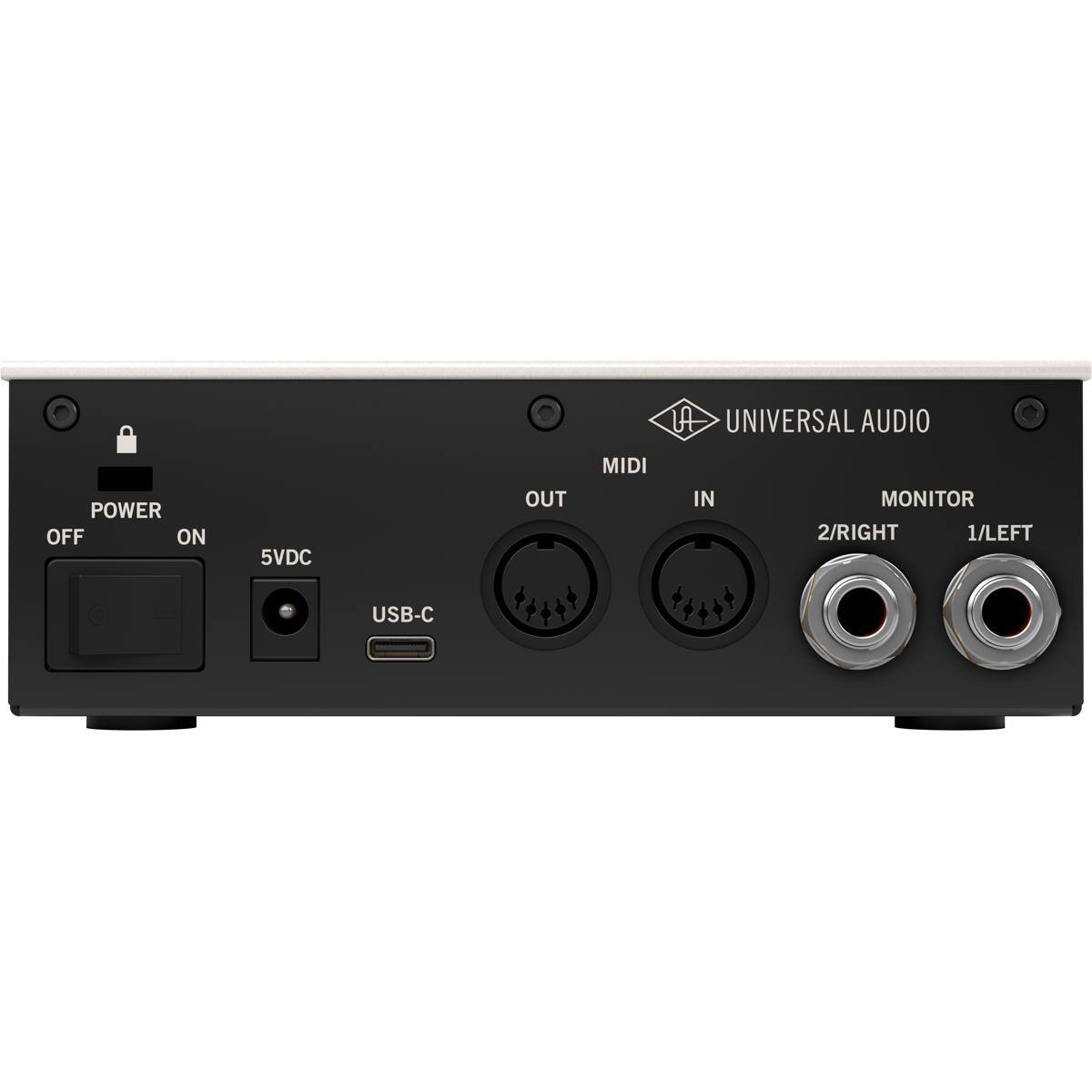 LA UNIVERSAL AUDIO  
POWER OFF ON  
5VDC OUT MIDI IN  
MONITOR 2/RIGHT 1/LEFT USB-C