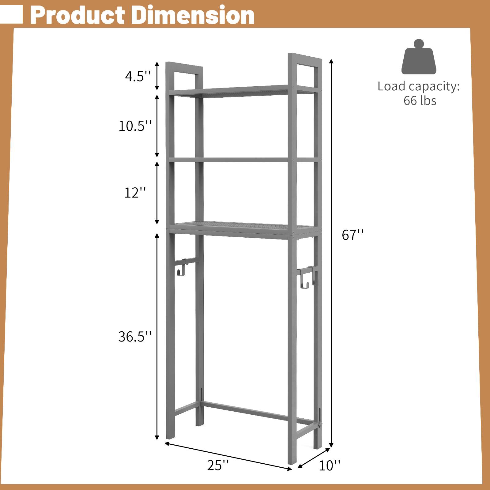 Product Dimension: 4.5" x 10.5" x 12" x 36.5" x 25" x 10"  
Load capacity: 66 lbs