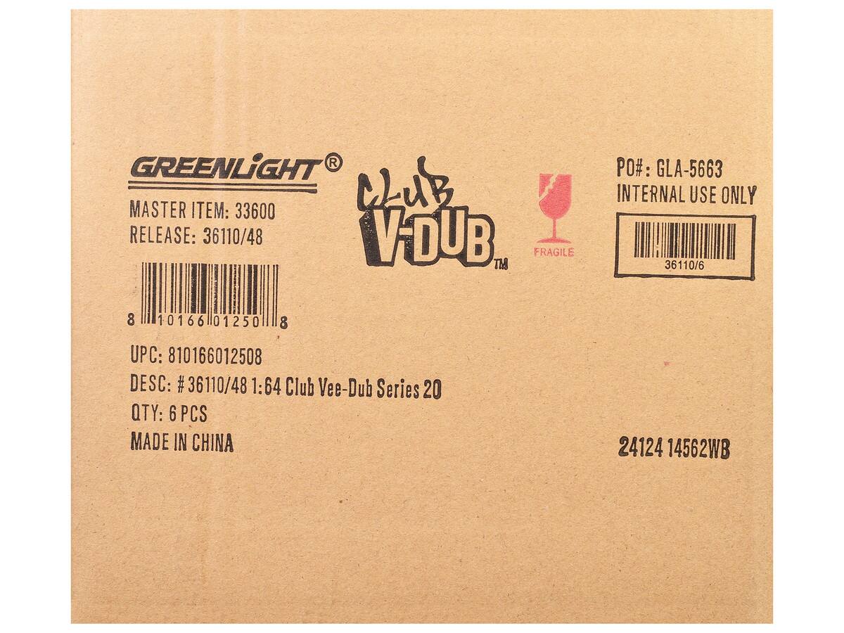 GREENLIGHT  
MASTER ITEM: 33600  
RELEASE: 36110/48  

UPC: 810166012508  
DESC: #36110/48 1:64 Club Vee-Dub Series 20  
QTY: 6 PCS  
MADE IN CHINA  

PO#: GLA-5663  
INTERNAL USE ONLY  
36110/6  

24124 14562WB