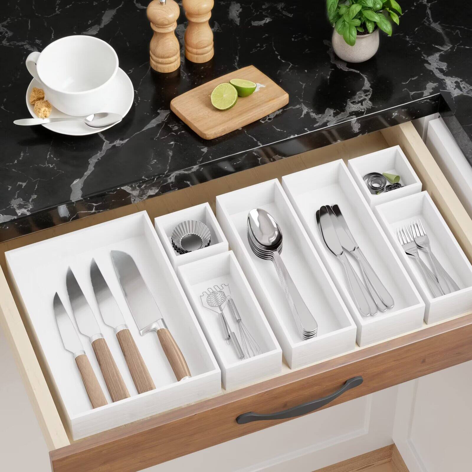Back. Tooloton - Bamboo Drawer Organizer Set, 7-Piece Wooden Trays for Kitchen, Bathroom, Office and Makeup Storage (White) - White.