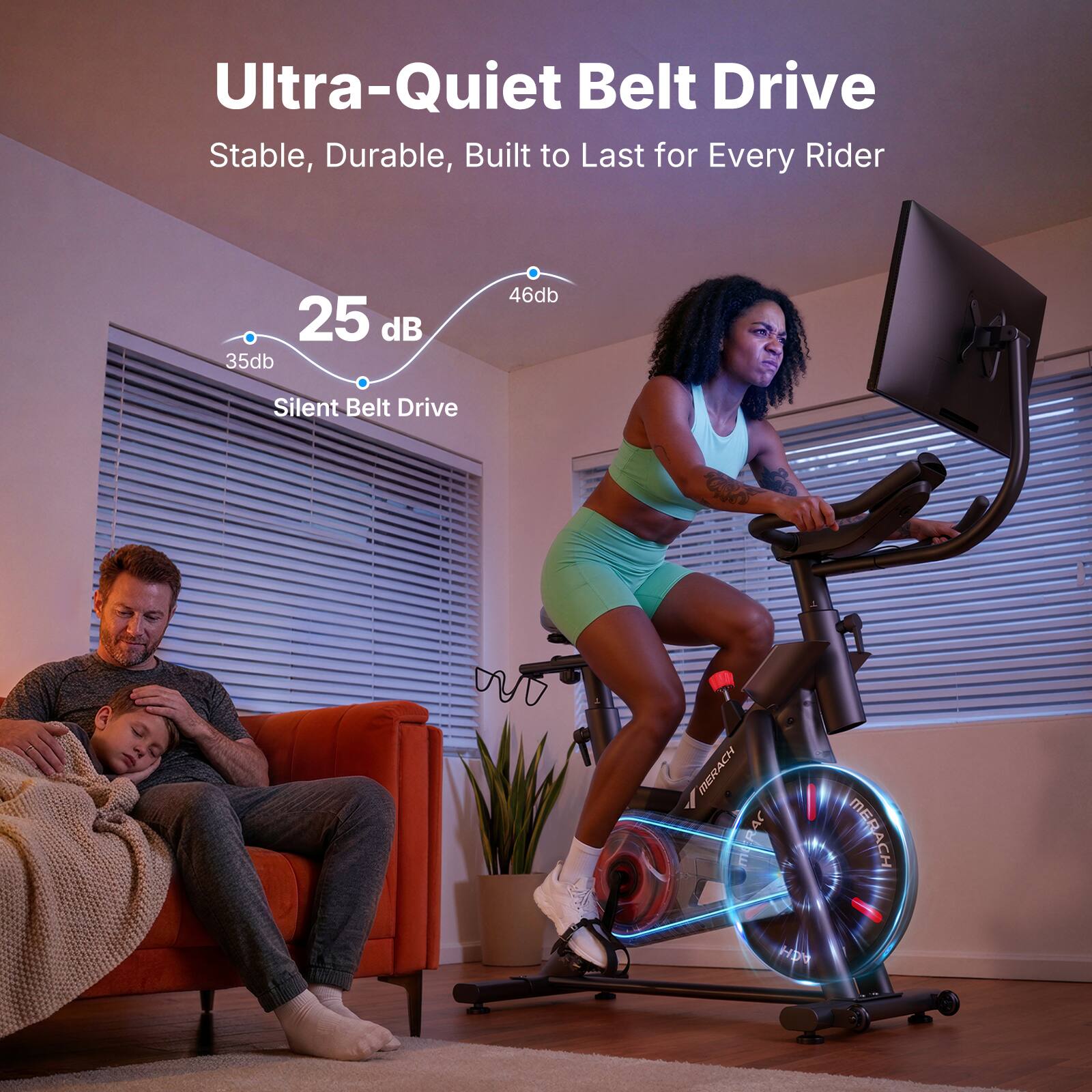 Ultra-Quiet Belt Drive  
Stable, Durable, Built to Last for Every Rider  
25 dB 35db 46db Silent Belt Drive  
MERACH E I Hpa