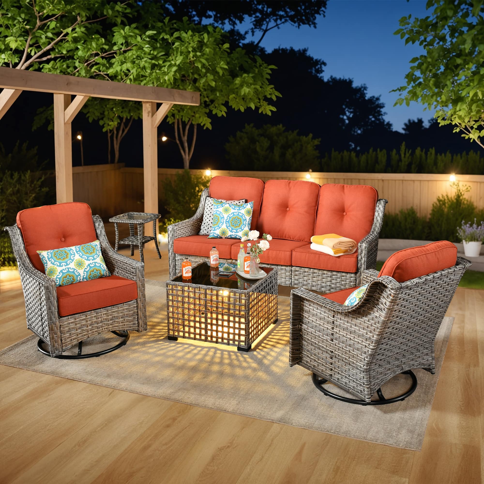 Front. Ovios - 5 PCS Outdoor Patio Furniture Set with Side Table, Swivel Chairs & Solar Light Coffee Table - Coarse Orange Red.