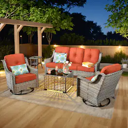Ovios - 5 PCS Outdoor Patio Furniture Set with Side Table, Swivel Chairs & Solar Light Coffee Table - Coarse Orange Red