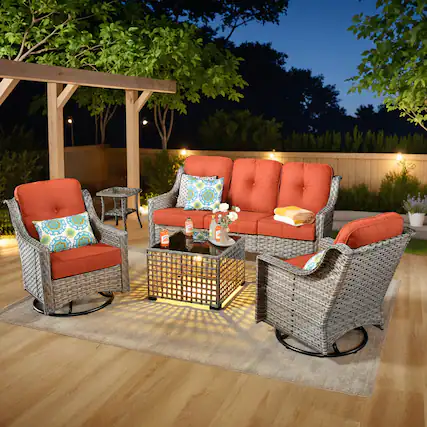 Front. Ovios - 5 PCS Outdoor Patio Furniture Set with Side Table, Swivel Chairs & Solar Light Coffee Table - Coarse Orange Red.