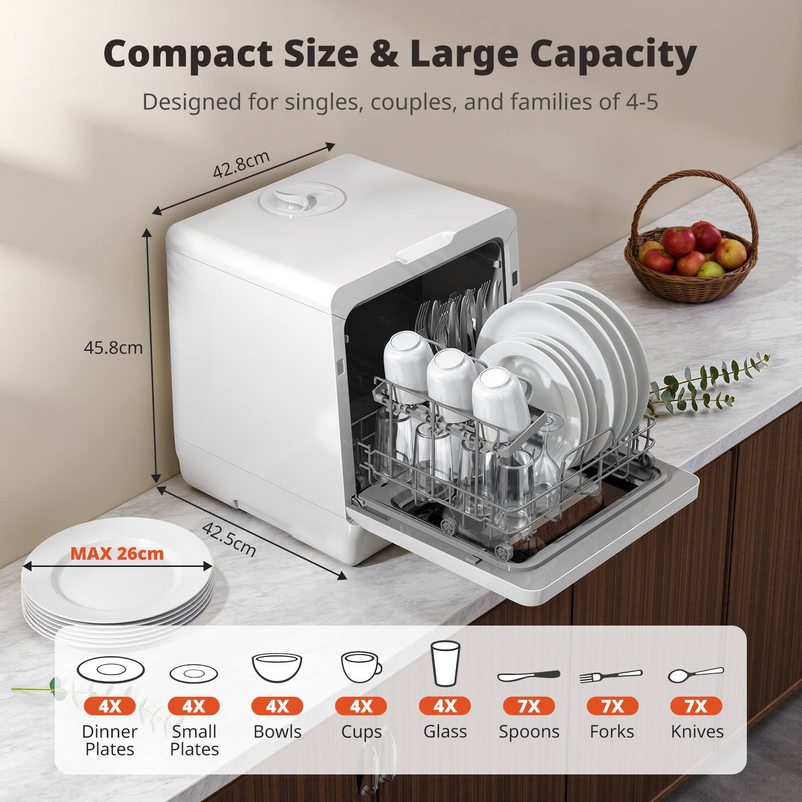 Compact Size & Large Capacity  
Designed for singles, couples, and families of 4-5  

42.8cm  
45.8cm  
MAX 26cm  
42.5cm  

4X Dinner Plates  
4X Small Plates  
4X Bowls  
4X Cups  
4X Glass  
7X Spoons  
7X Forks  
7X Knives