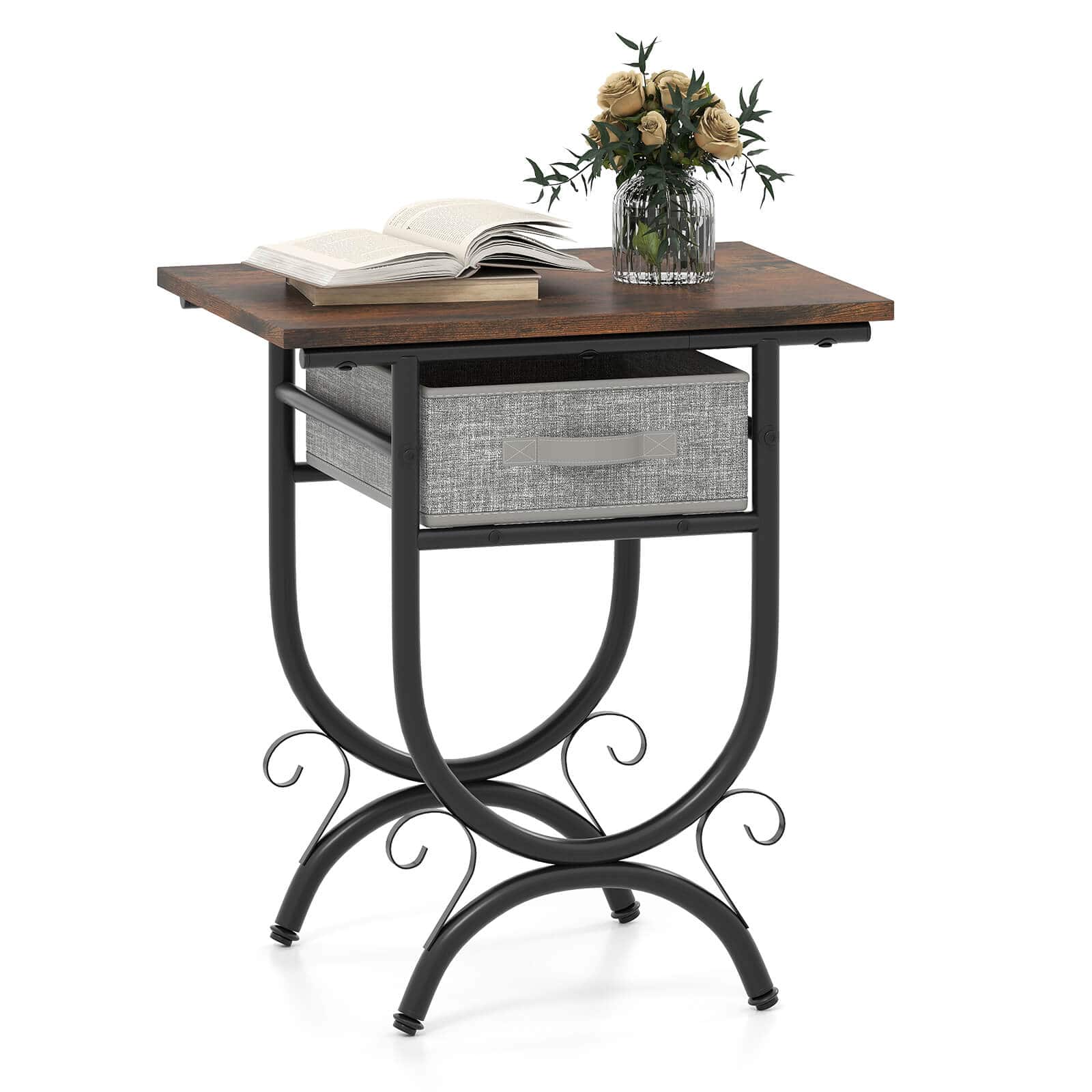 Costway - 1 PCS Side Table with Fabric Drawer Carved Metal Frame Industrial End Table Nightstand - Black & Gray