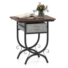 Costway - 1 PCS Side Table with Fabric Drawer Carved Metal Frame Industrial End Table Nightstand - Black & Gray