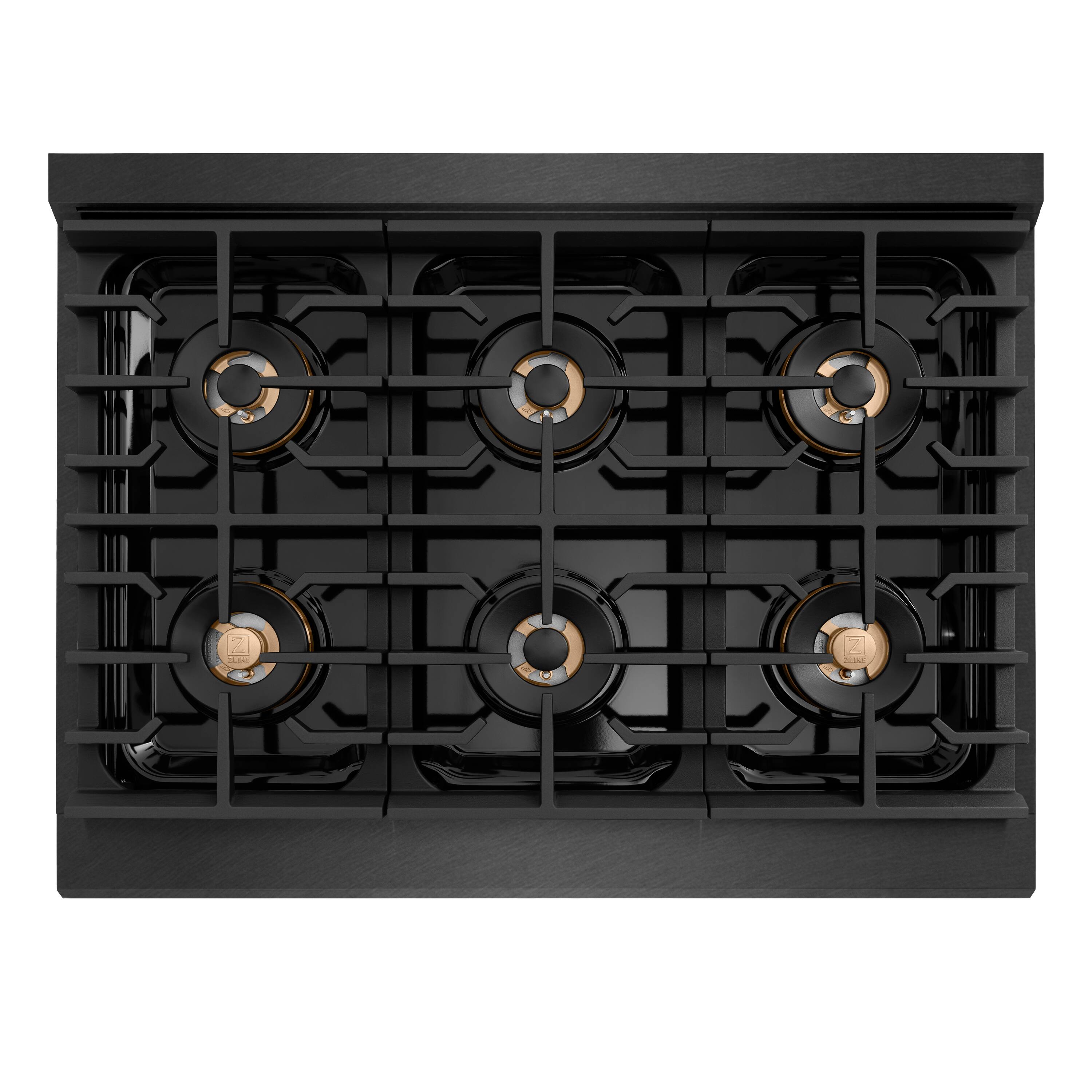 Angle. ZLINE - ZLINE Autograph 36 in. 6 Burner Paramount DuoPro Gas Rangetop in Black Satin Steel and Bronze Accents (PSRTBSZ-36-CB) - Black Satin Stainless Steel.