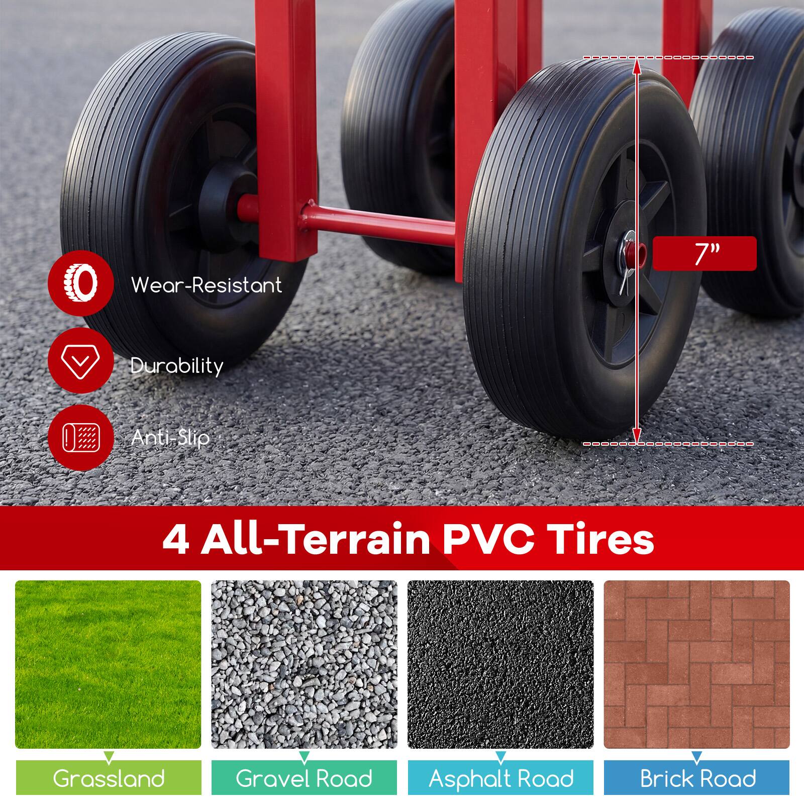Wear-Resistant  
Durability  
Anti-Slip  

7"  

4 All-Terrain PVC Tires  

Grassland  
Gravel Road  
Asphalt Road  
Brick Road
