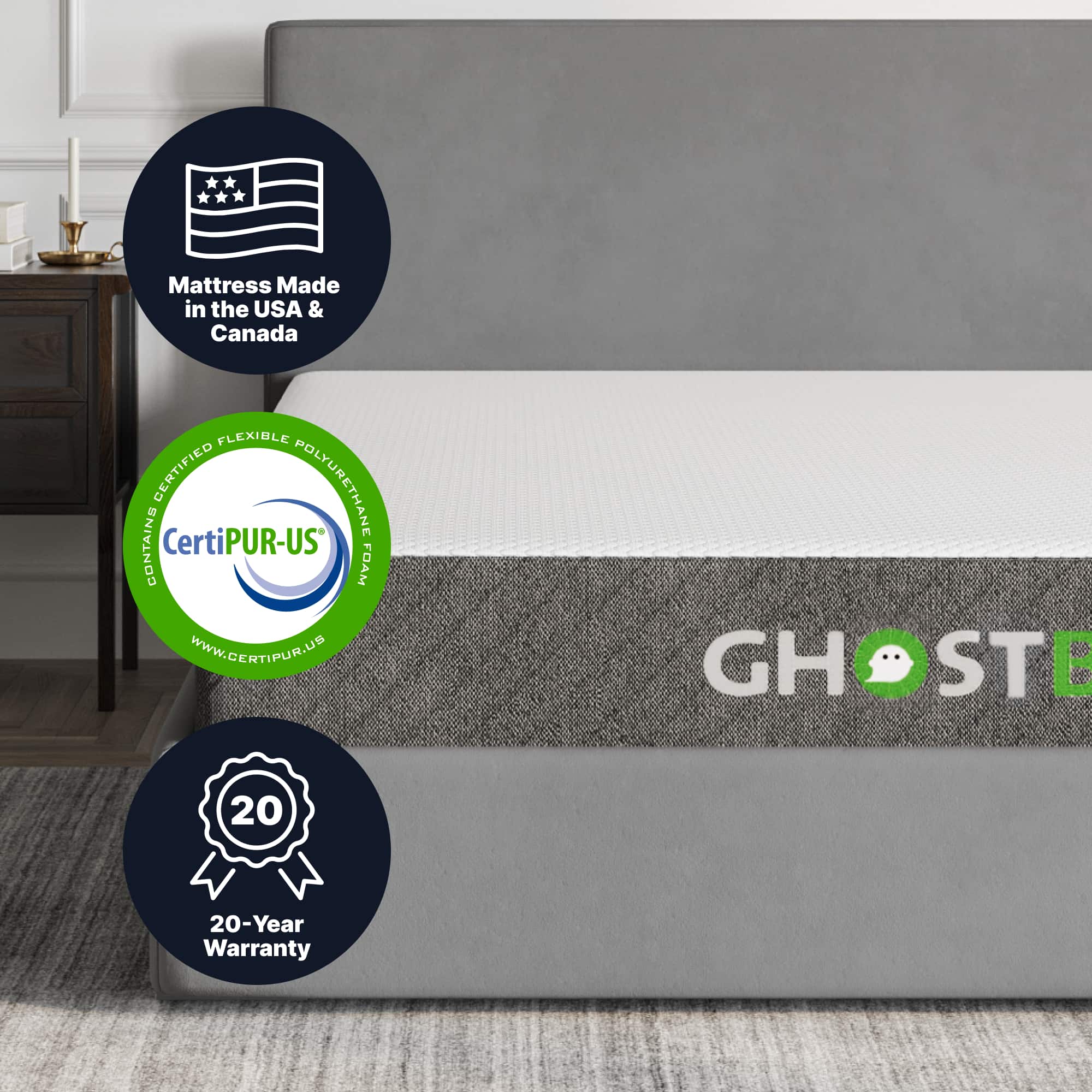 The image features a bed with a grey mattress, which is made in the USA and Canada. The mattress is certified by CertiPUR-US, ensuring that it contains no harmful substances. The mattress is also flexible and has a 20-year warranty. The bed is placed on a carpeted floor, and there is a nightstand nearby.
