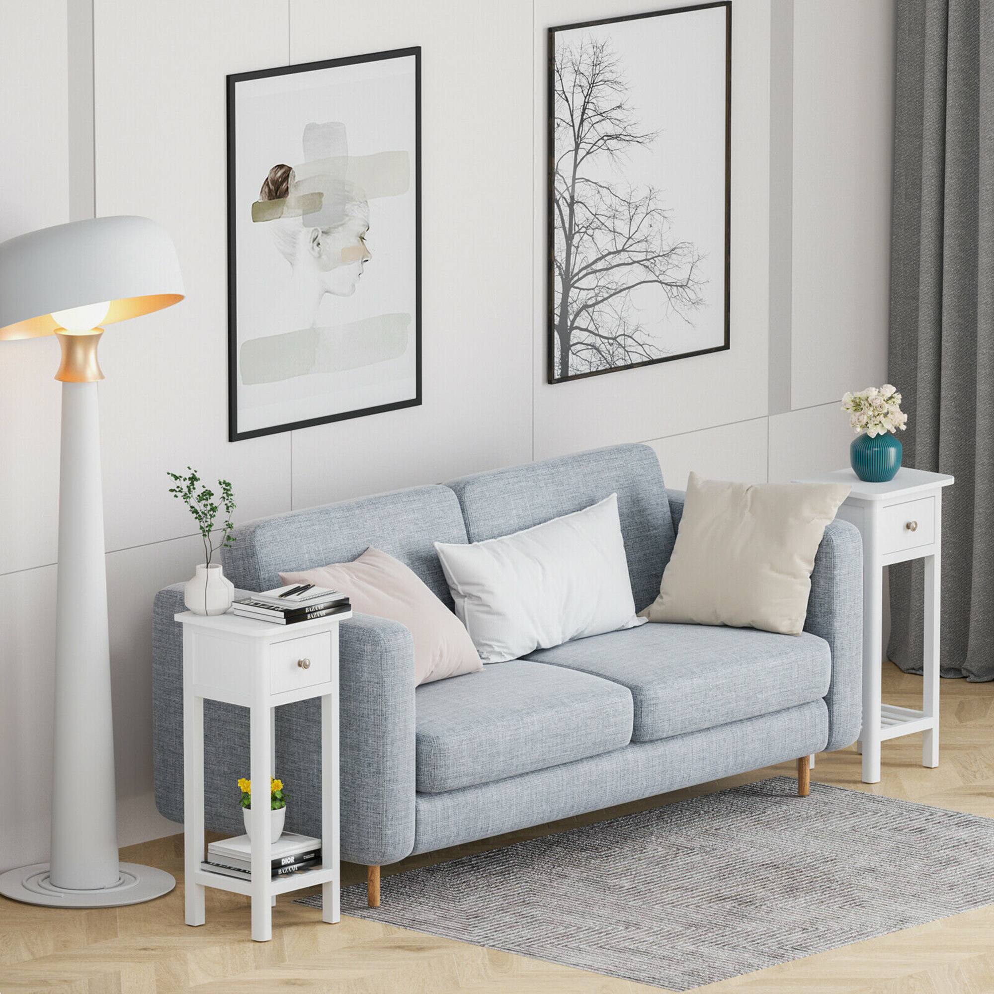 Alt View 3. Costway - Costway 2PCS 2 Tier End Bedside Sofa Side Table with Drawer Shelf Acacia Wood Nightstand - White.