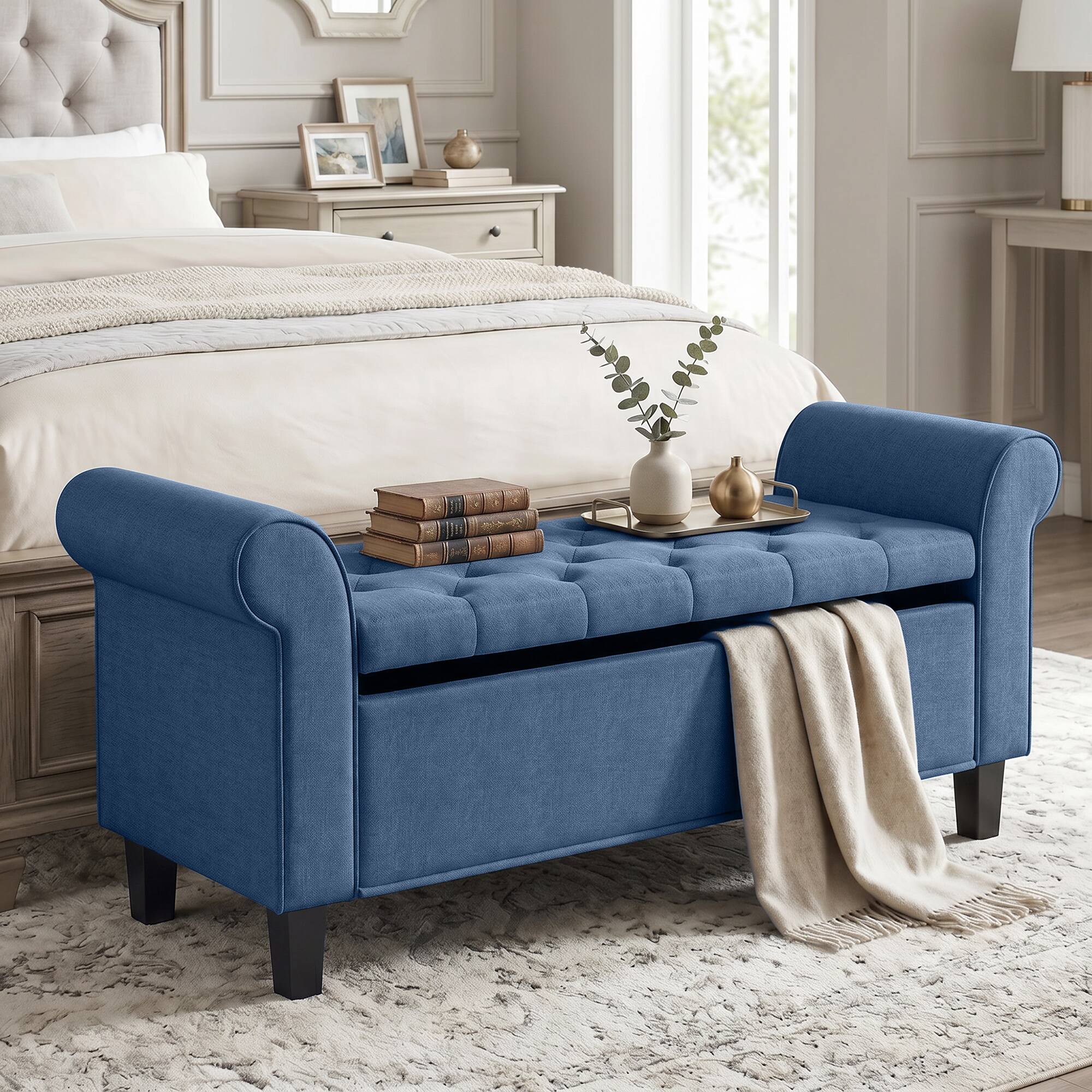 Alt View 1. Homcom - Storage Ottoman Bench, Tufted End of Bed Bench with Rolled Arms, Safety Hinge - Blue.
