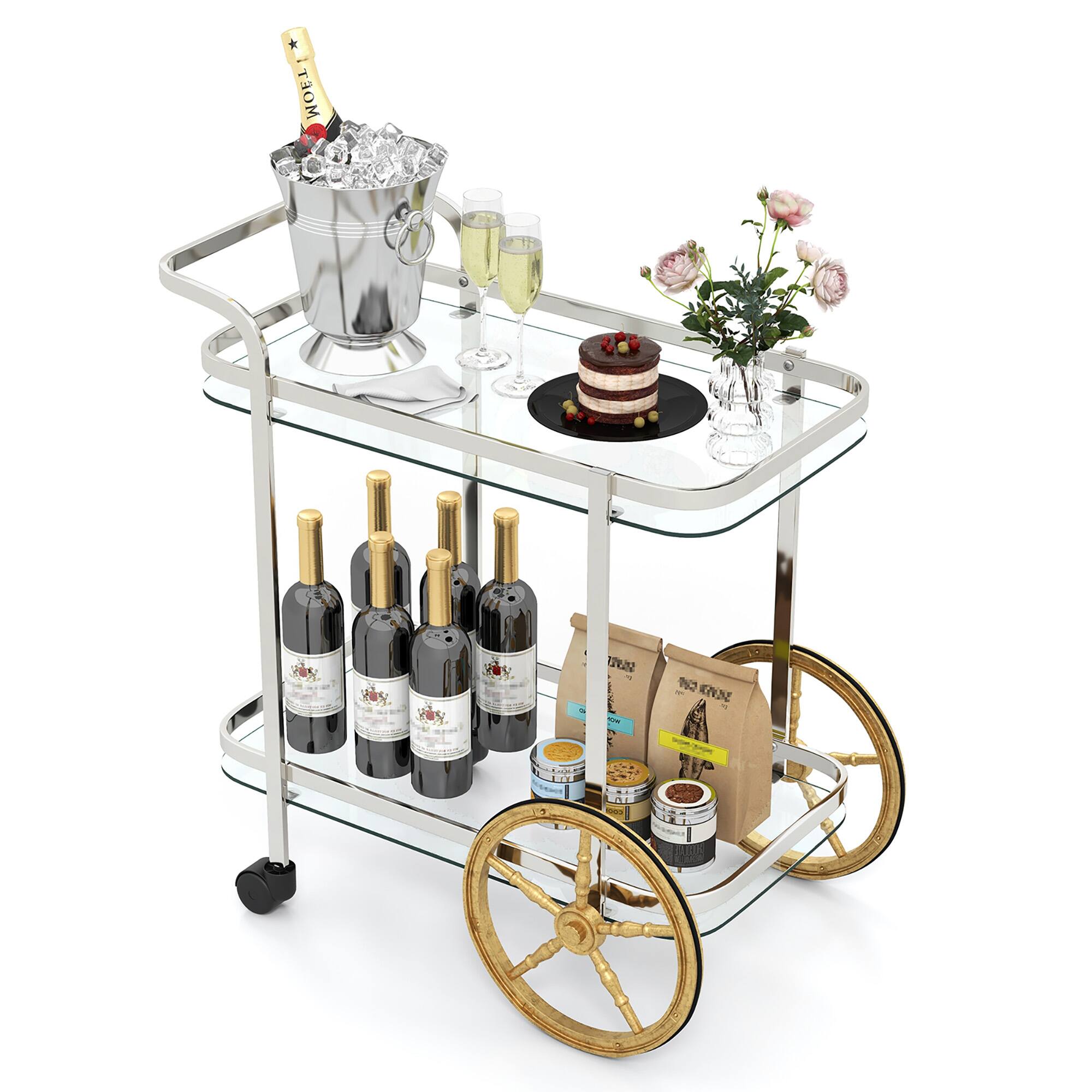Gymax - 2-Tier Serving Cart w/ Tempered Glass Shelves 2 Large Aluminum Front Wheels - Transparent, Silver, Golden