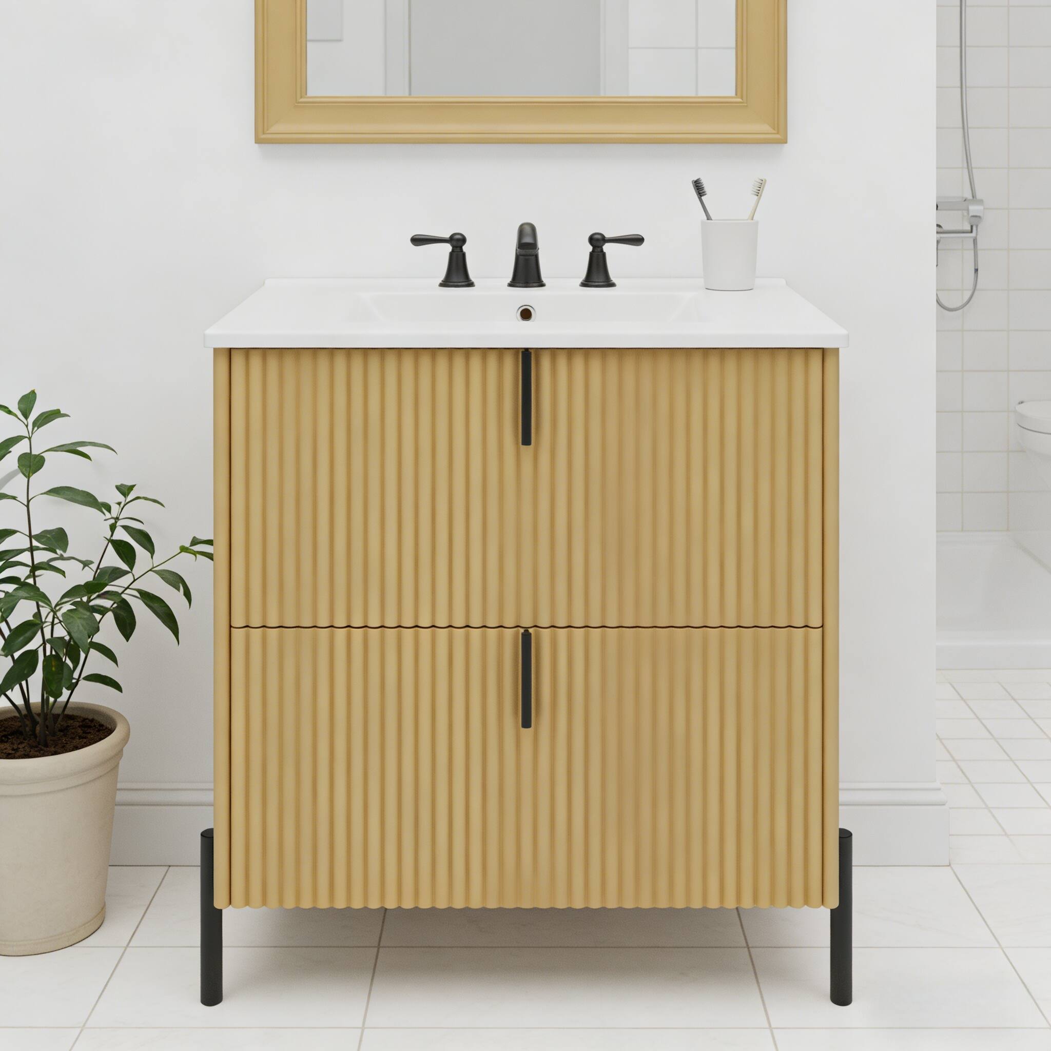 Left. Loheer - 2.5 ft Bathroom Vanity with Ceramic Sink, Full Extension Drawers - Natural.