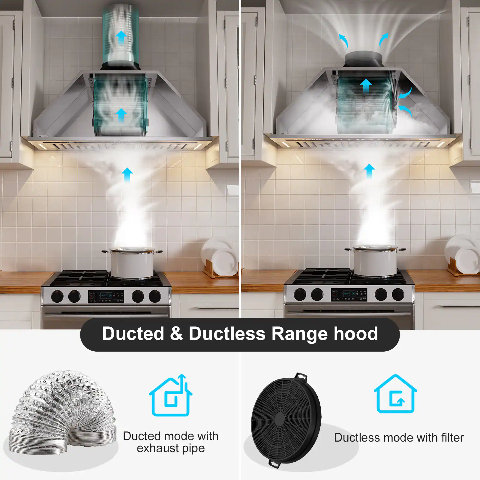 Ducted & Ductless Range hood

Ducted mode with exhaust pipe

Ductless mode with filter