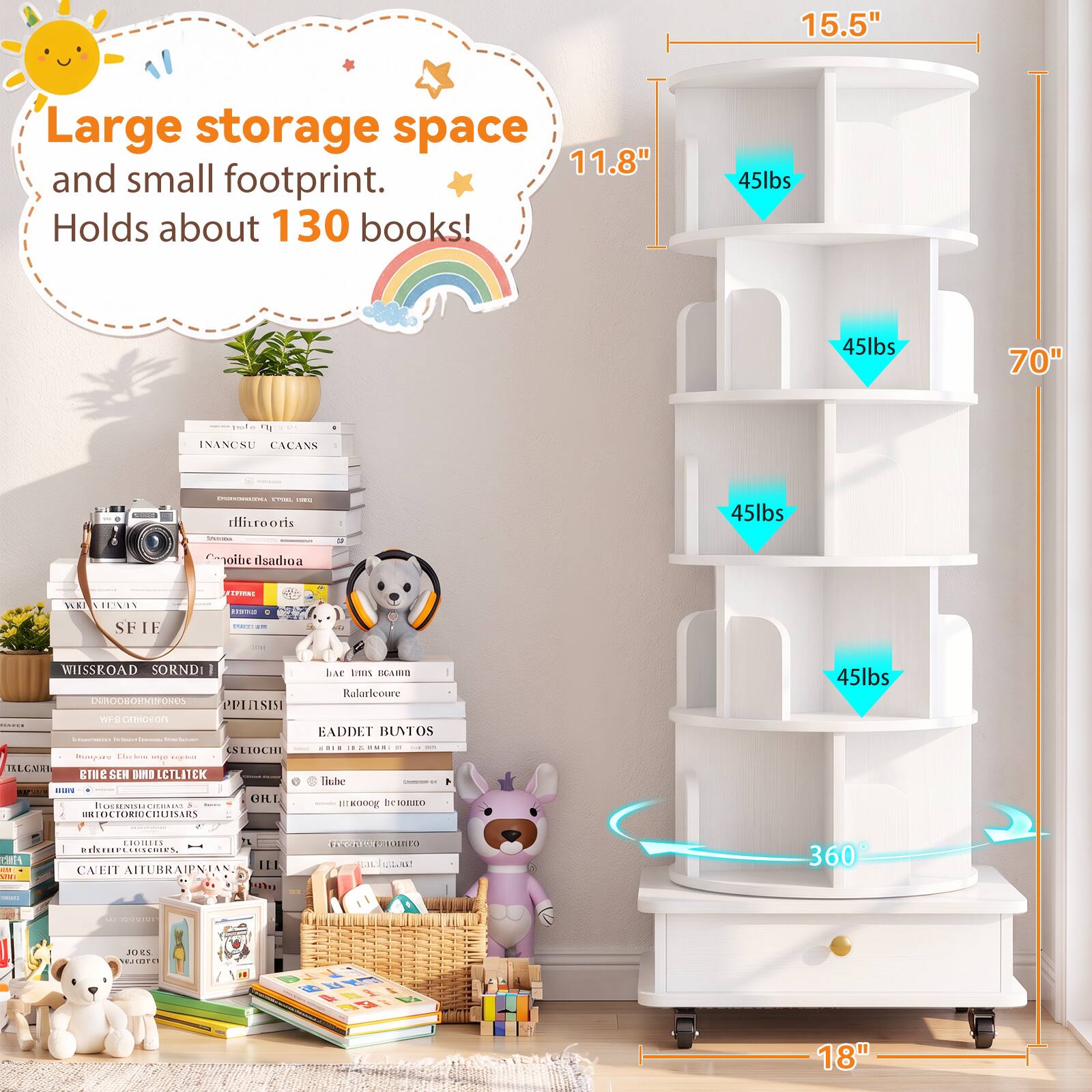 15.5"  
Large storage space and small footprint. Holds about 130 books!  
45lbs  
45lbs  
70"  
360°  
18"