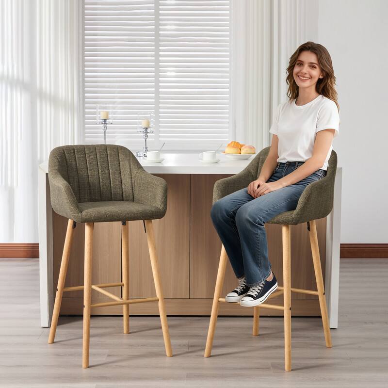 Alt View 1. HTUTWOO - Modern Bar Stools Set of 2, Ergonomic Backrest & Footrest, Linen Upholstered Tall Chairs for Kitchen Island, Home Bar - Green.