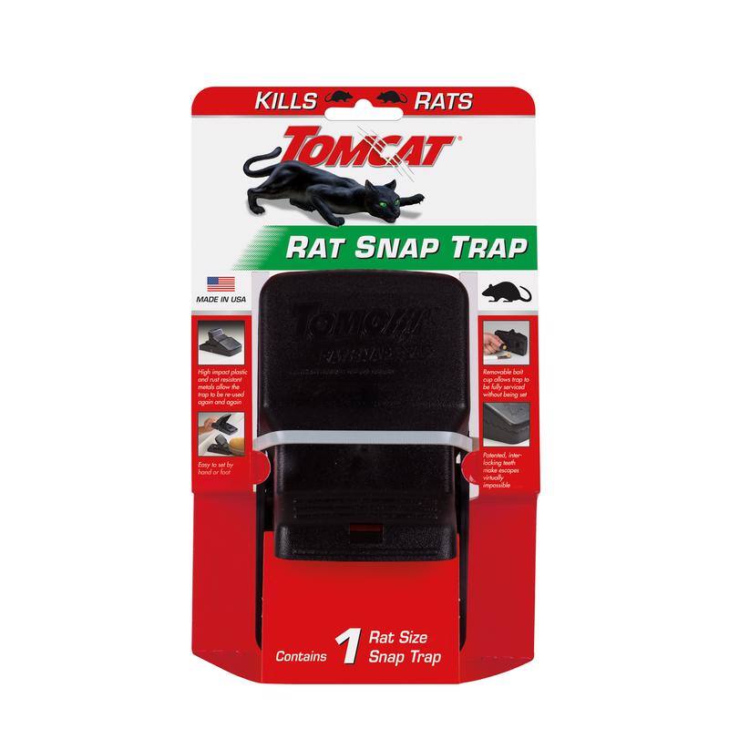 Kills Rats  
Tomcat Rat Snap Trap  
Made in USA  

High impact plastic and rust resistant trap to be used again and again  
Easy to set by hand or foot  

Removable bait cup allows trap to be set without being seen  

Patented, powerful locking tooth mechanism makes escape virtually impossible  

Rat Size Snap Trap  

Contains 1