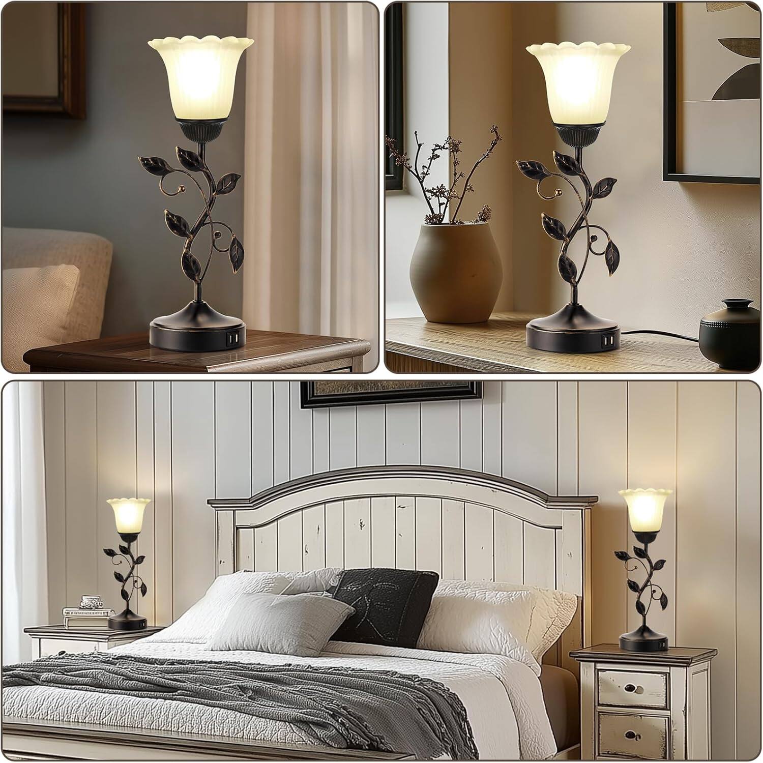 Alt View 2. FINEAK - Set of 2 Rustic Touch Dimmable Table Lamps with USB Ports - 2 Pack - Black.