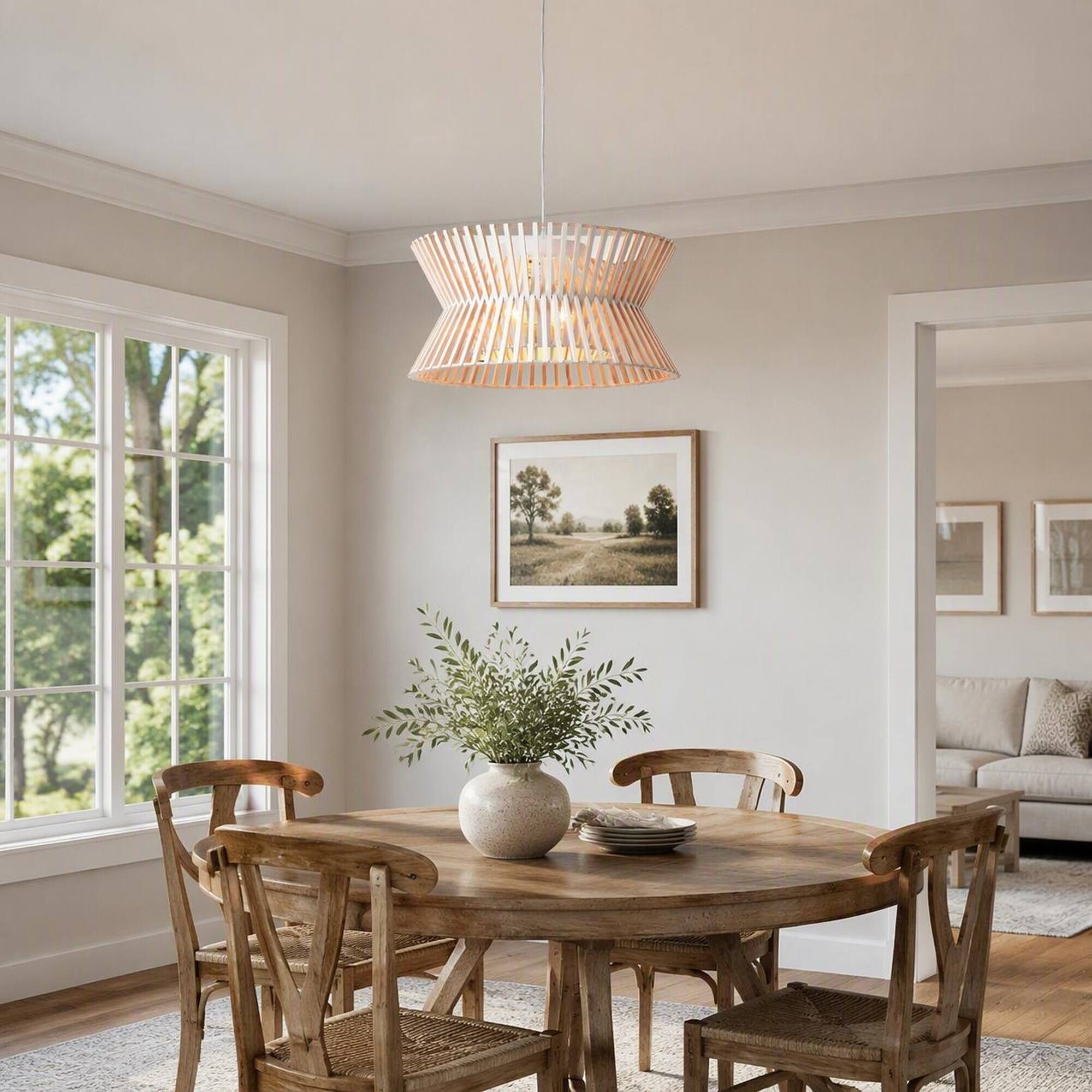 Angle. RYHNUYNE - 17.7'' Antique White Wood Chandelier, 3-Light Farmhouse Pendant with Boho Wicker Shade - White.