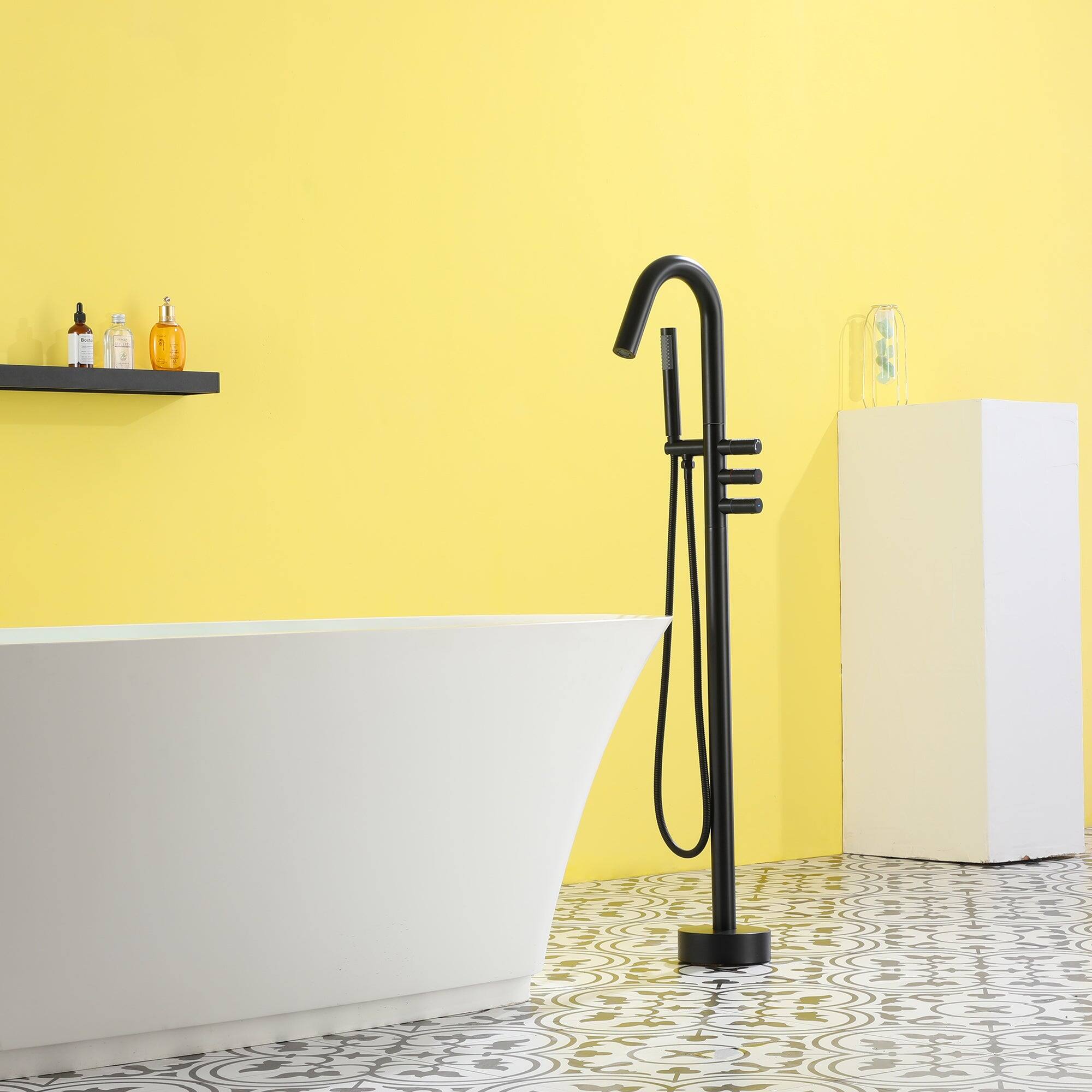 Alt View 3. Boyel Living - Freestanding Floor Mount Single Handle Bath Tub Filler Faucet with Handheld Shower and Water Supply Lines in Matte Black - Matte Black.