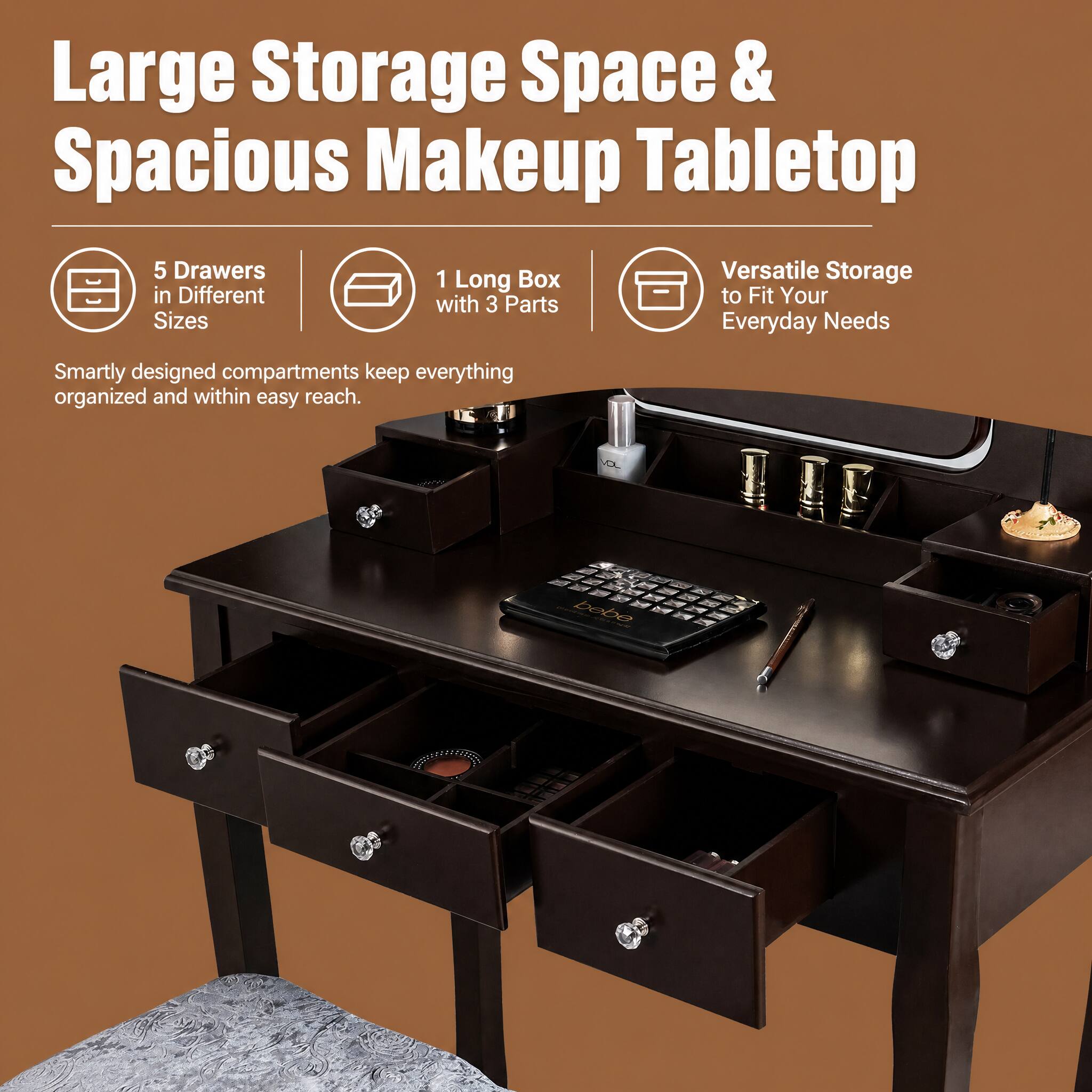 WELLFOR Vanity Dressing Table Set with Mirror& 5‑Drawer Classified ...