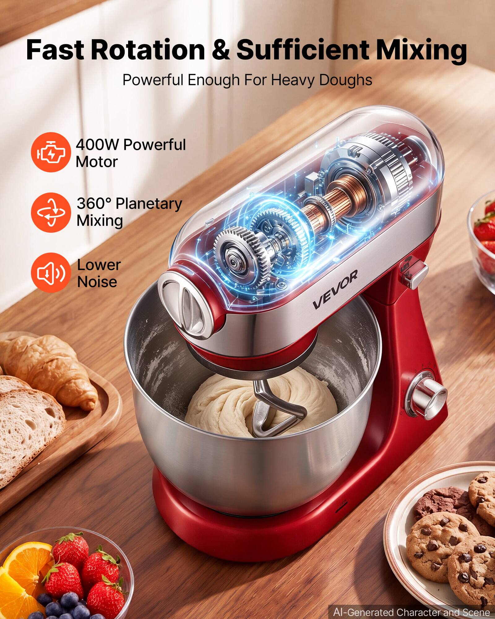 Fast Rotation & Sufficient Mixing  
Powerful Enough For Heavy Doughs  
400W Powerful Motor  
360° Planetary Mixing  
Lower Noise  
VEVOR  
AI-Generated Character and Scene