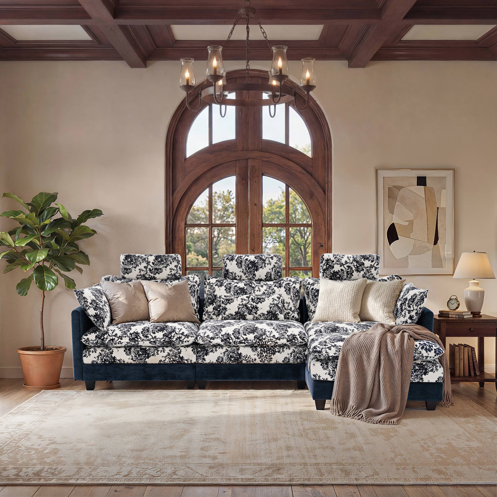 Alt View 2. Homsee - Vintage Floral Chenille Sectional Sofa, 4-Seater L-Shaped Couch with High Backrest, Spring Support & Plush Pillows - Dark Blue.