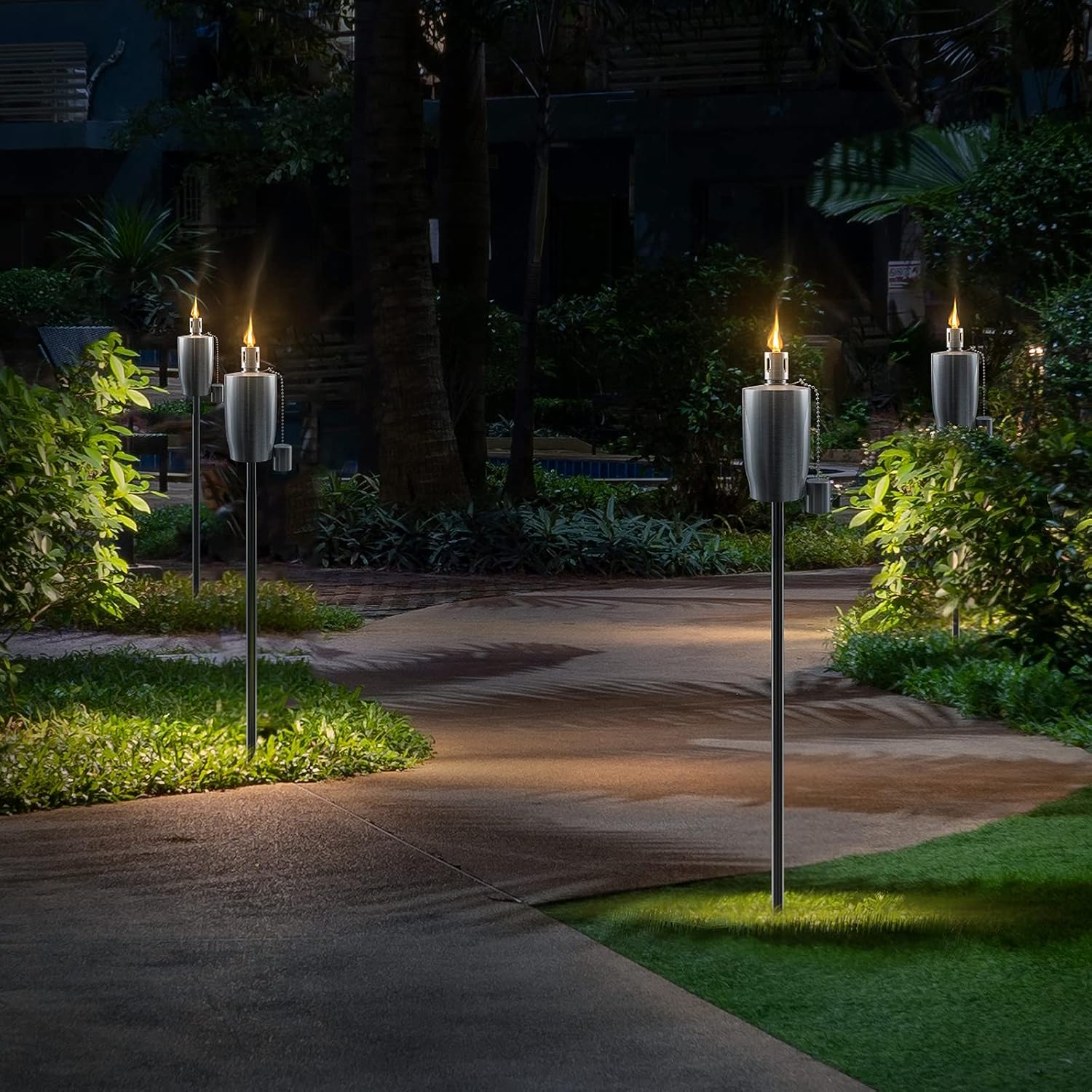 Alt View 6. Sorbus - Matney Stainless Steel Outdoor Torches Decorative Garden Yard Lights 5 ft Oil Lamp Citronella, Lawn, Backyard Parties - Silver 4 Pack.
