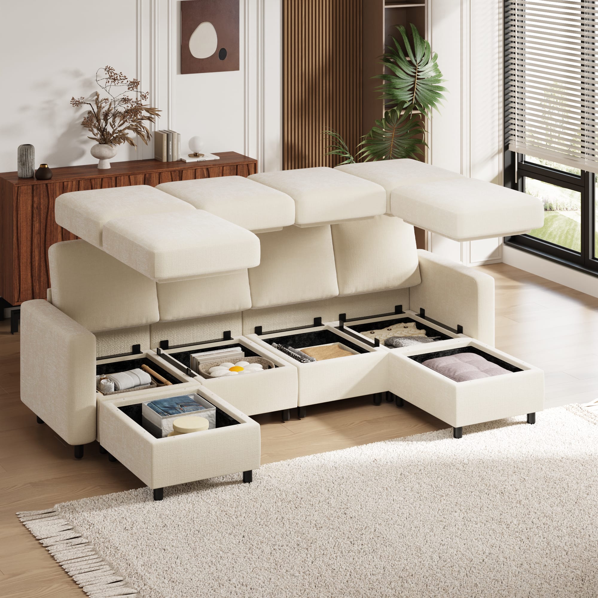 U-HOMY - 6-Piece Modular Sectional Sofa with Storage, Reversible L-Shaped Couch - Beige