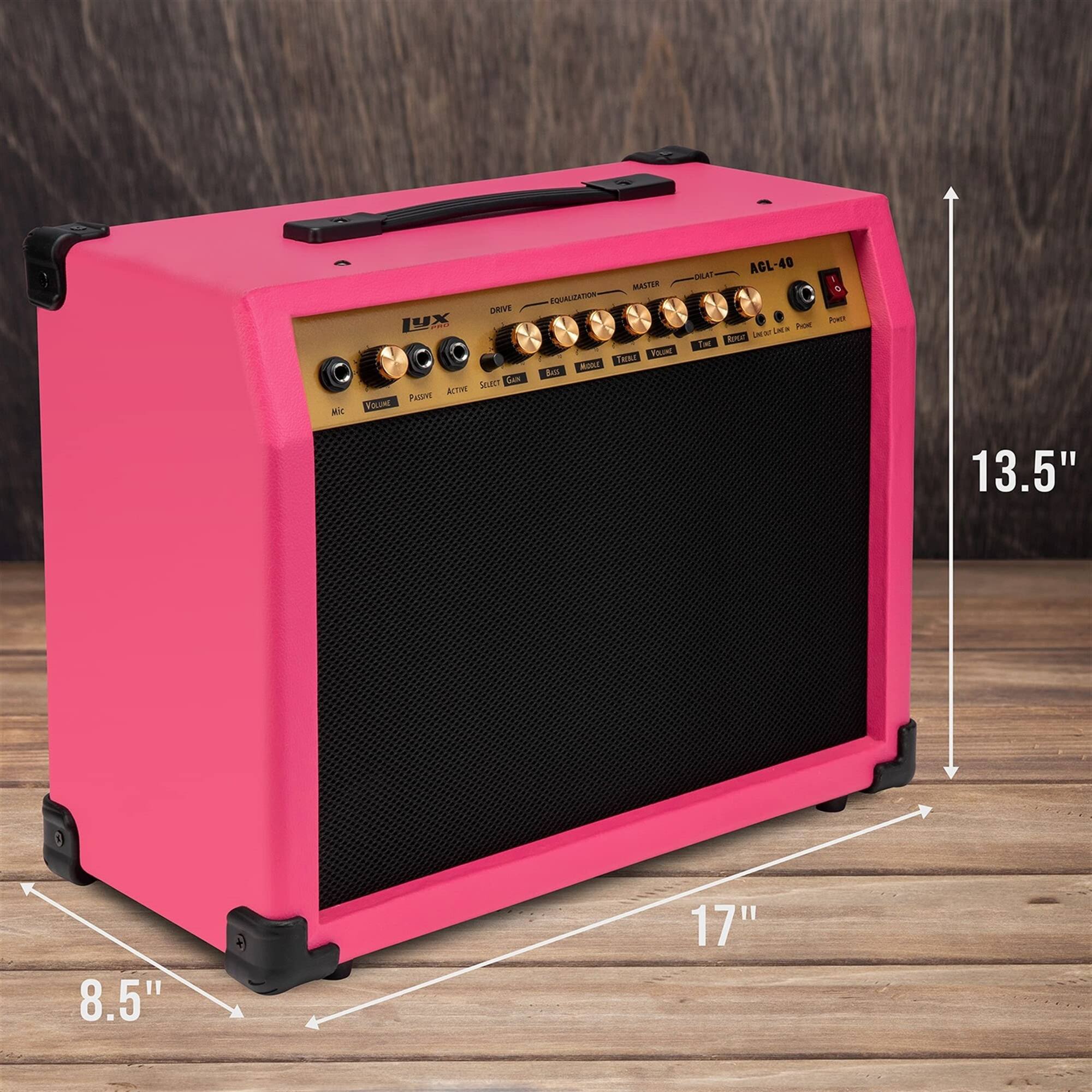 LUX - DRIVE - ACTIVE - EQUALIZATION - MASTER - VOLUME - PASSIVE - SELECT - GAIN - MIC - BASS - TREBLE - 13.5" 8.5" 17"