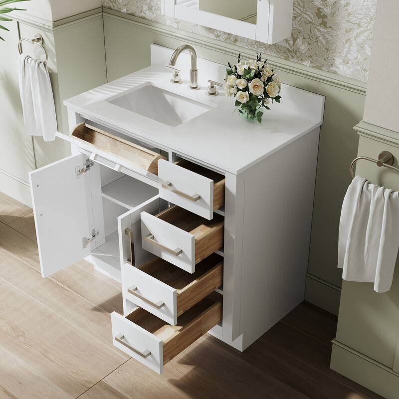 Left. WELLFOR - 36 in Solid Wood Bathroom Vanity with Sink,2 Soft-Close Doors,5 Drawers&Cultured Marble Countertop,Brushed Nickel Handle - White.