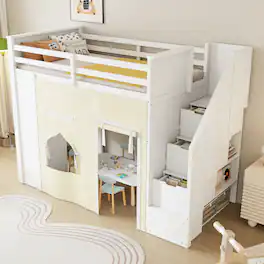Whisen - Twin Size Loft Bed with Desk, Storage Staircase, Drawers & Privacy Curtain for Kids Bedroom - White